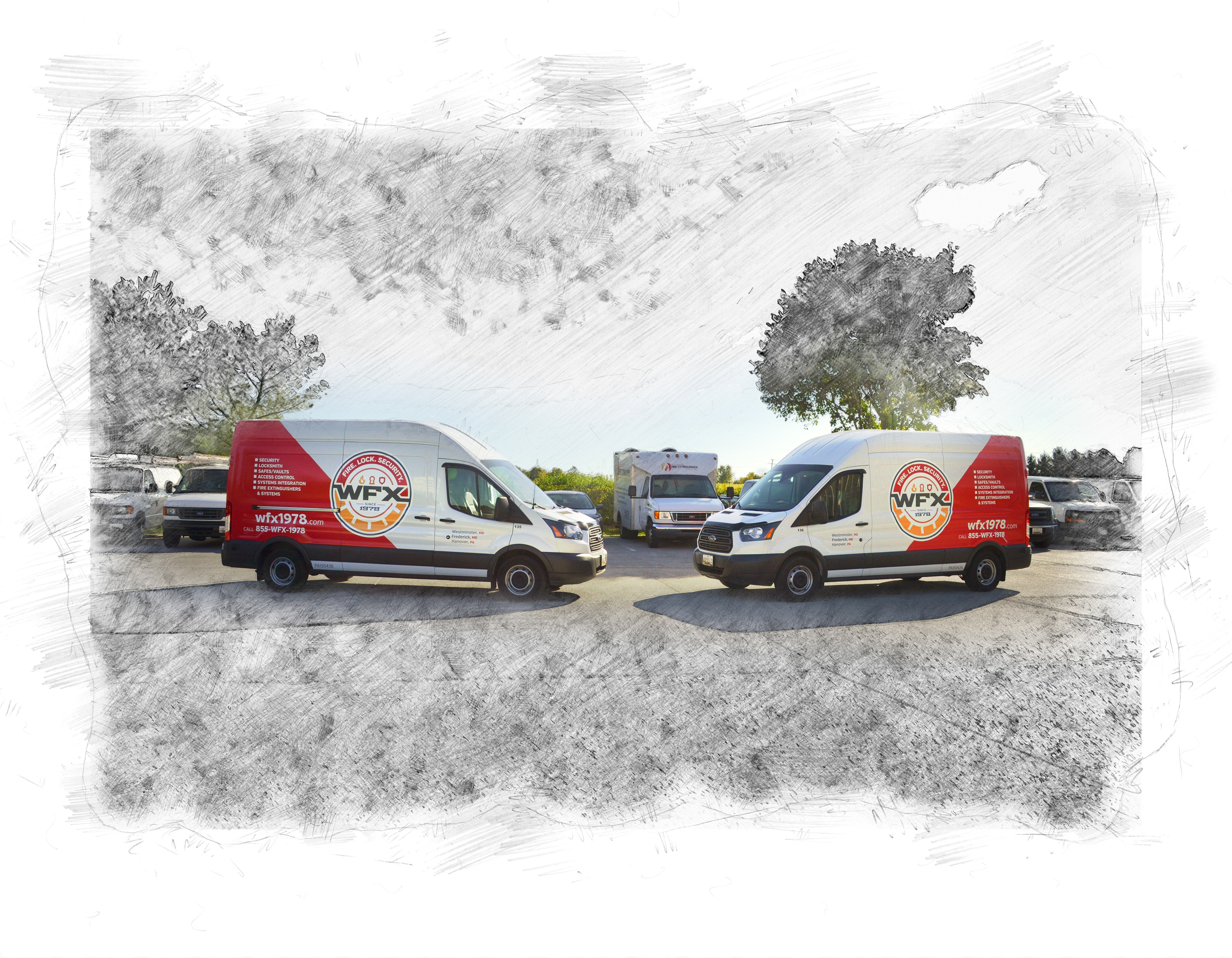 Rebranded vehicles for a service company that provides fire safety systems, locksmith services, and security systems