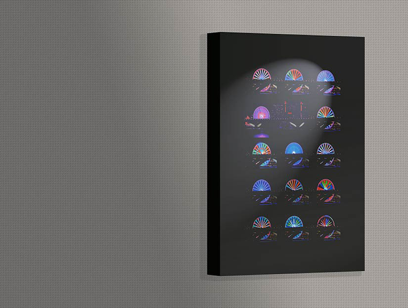 Art print featuring various views of a spinning, lit Ferris wheel at night revealing different color stages