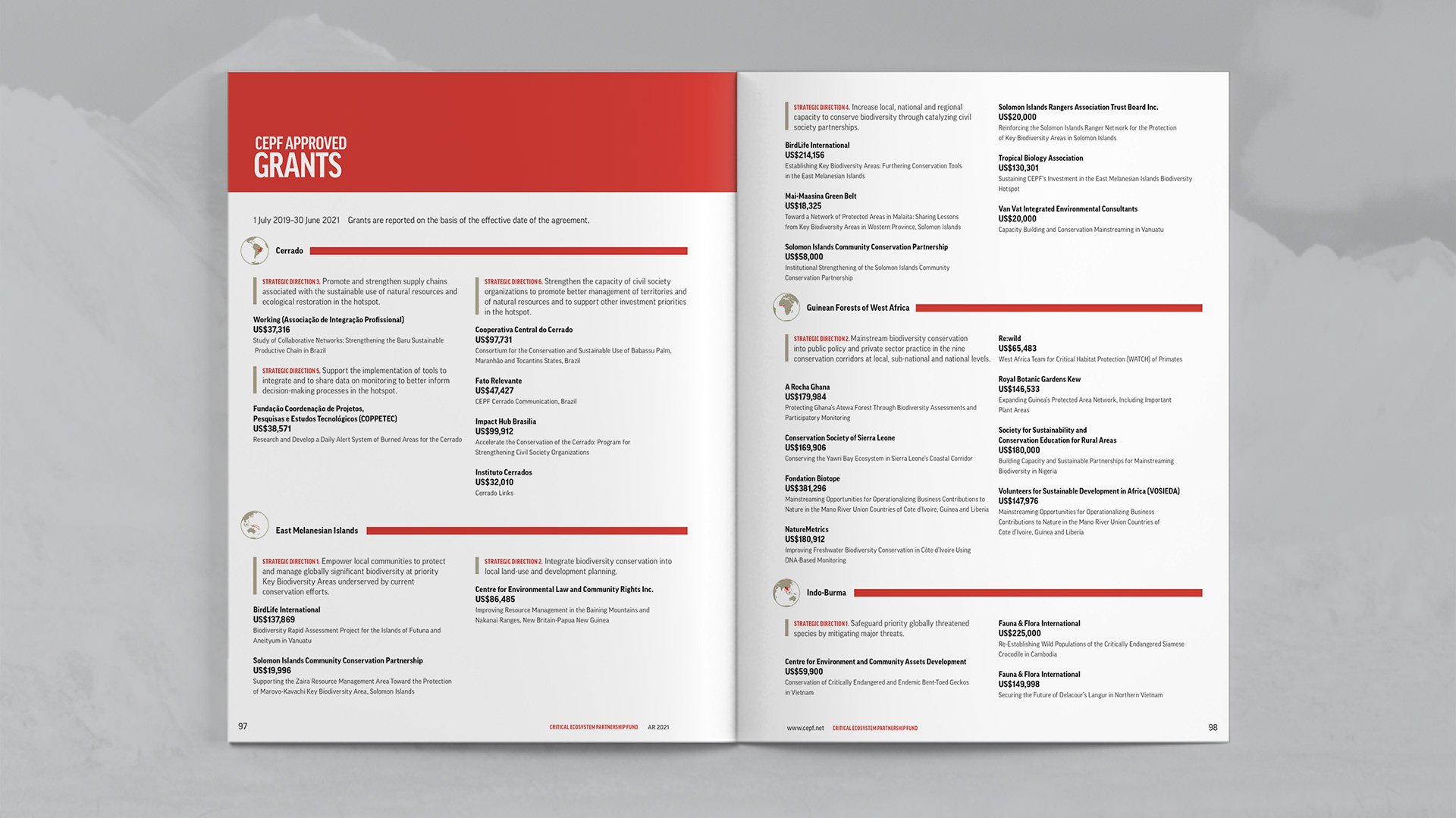Opening spread listing CEPF approved grants. Covering hotspots Cerrado, East Melanesian Islands, Guinean Forests of West Africa and Indo-Burma