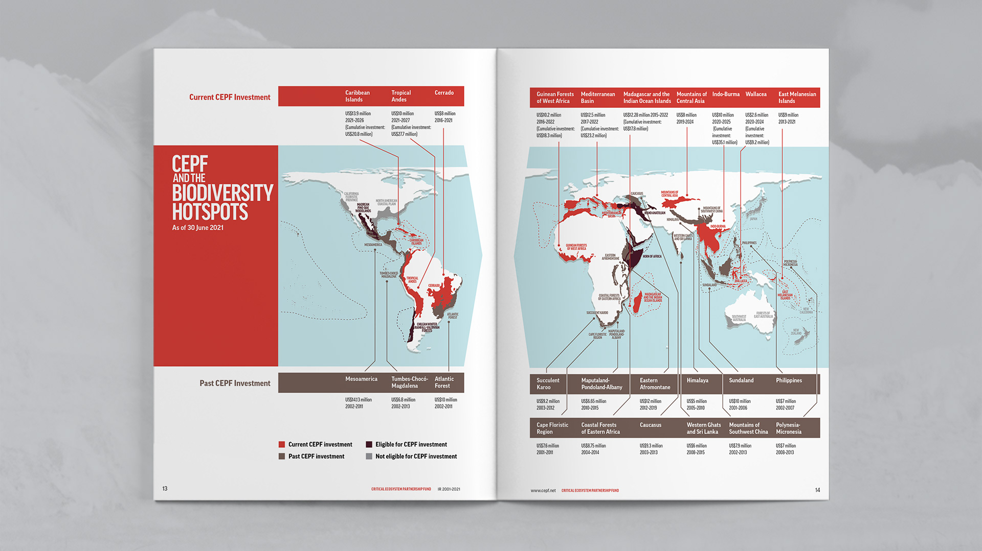 Biodiversity Hotspot map spread with additional investment information per region