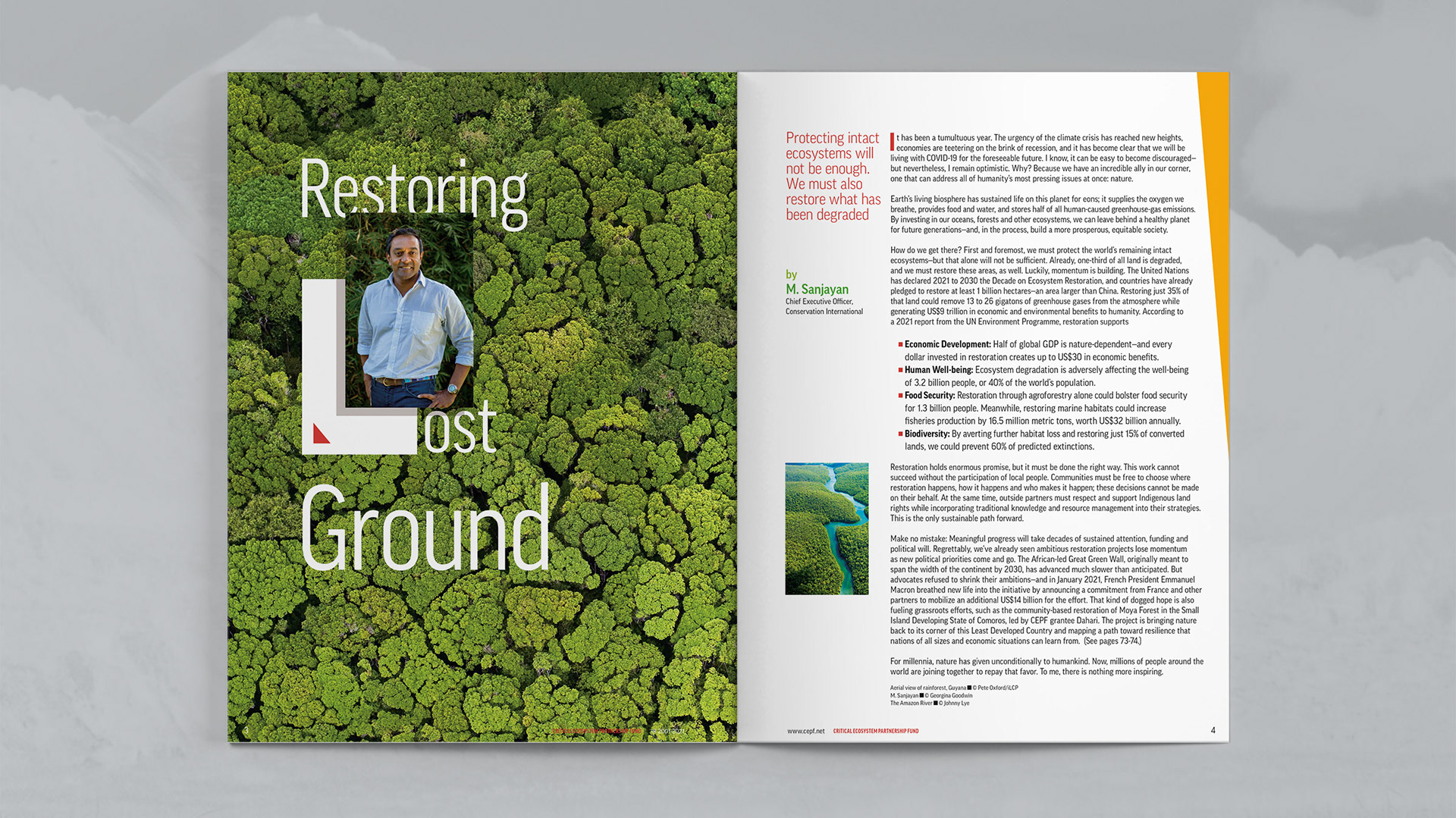 Second spread features a letter from the Chief Executive Officer and is titled "Restoring Lost Ground"