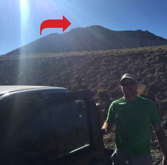 The red arrow marks the summit of Mt. Scott as seen from the parking lot.