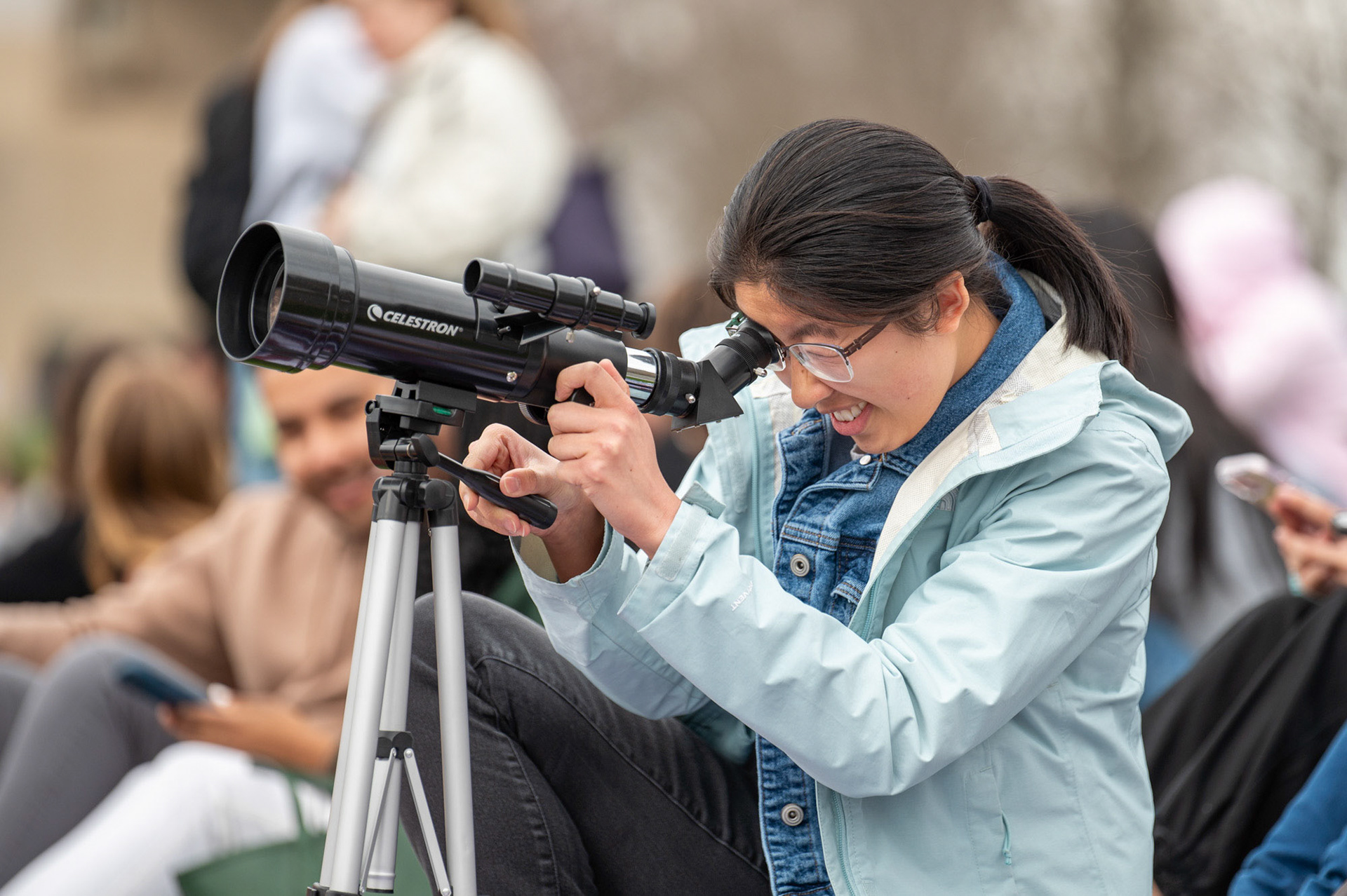 Some studnets brought telescopes to view the solar eclipse, Libe Slope, April 8th, 2024. (Ming DeMers/Sun Senior Photo)