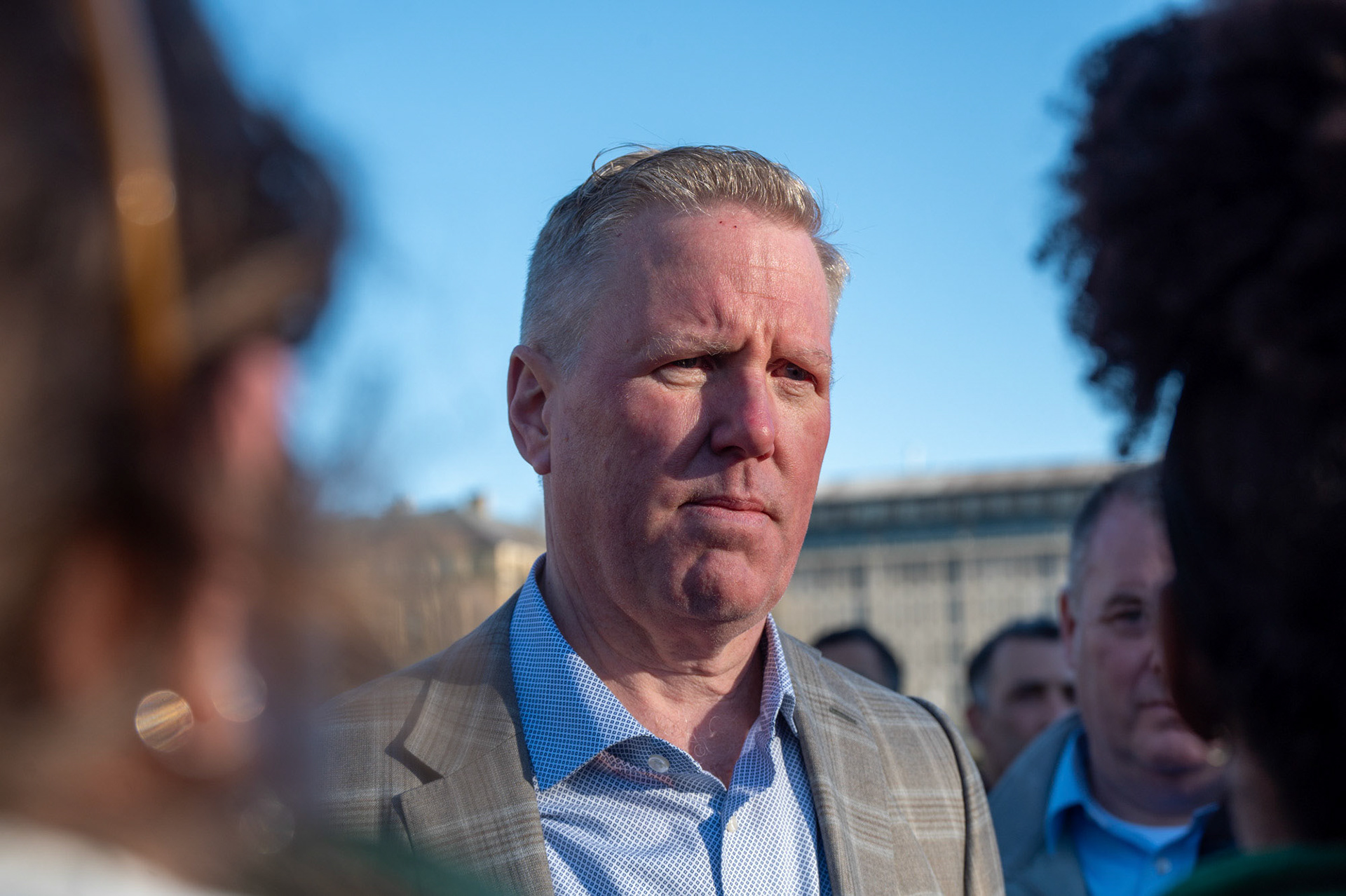 CFO Christopher J. Cowen talking with the proterstors of the CML Encampment on the Arts Quad, April 25th, 2024. (Ming DeMers/Senior Photo)