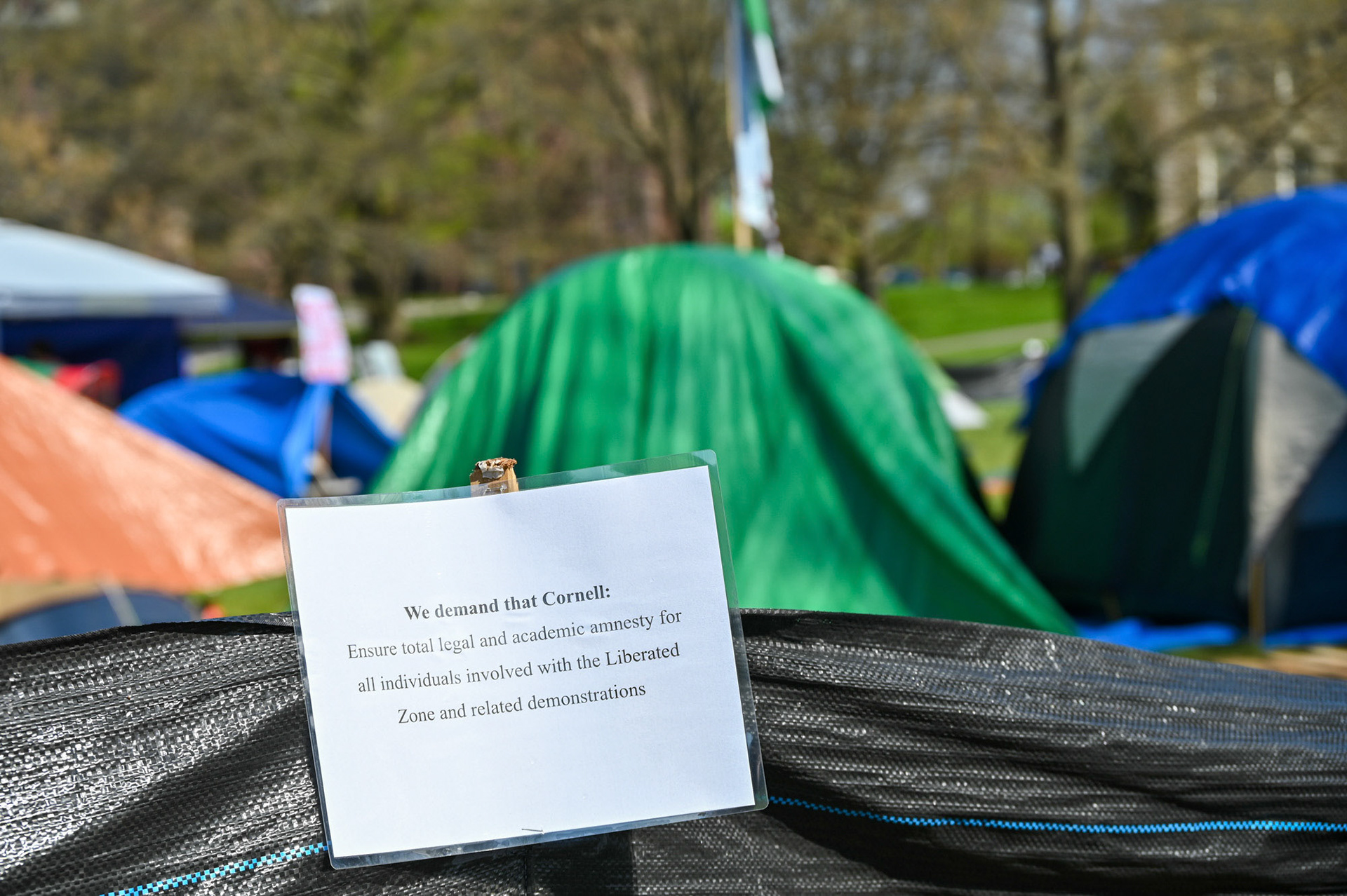 One of CML's demands posted on a sign at the CML Liberated Zone Encampment Day 6, April 30th, 2024. (Ming DeMers/Sun Senior Photographer)