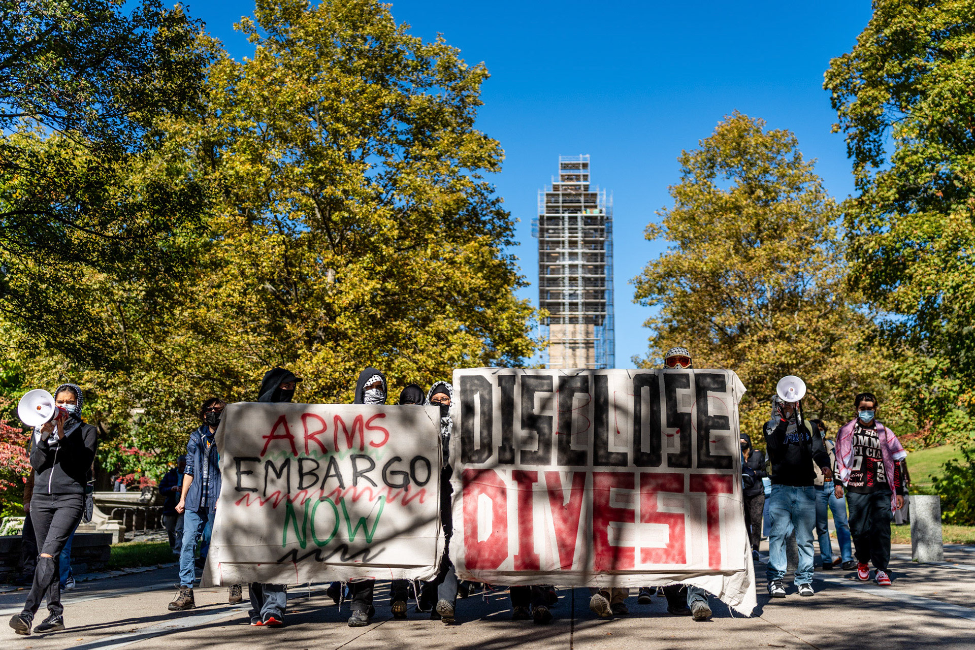 The CML Rally Walkout on Board of Trustees Meeting walks down Ho Plaza, Oct 18, 2024 (Ming DeMers/Sun Photography Editor)