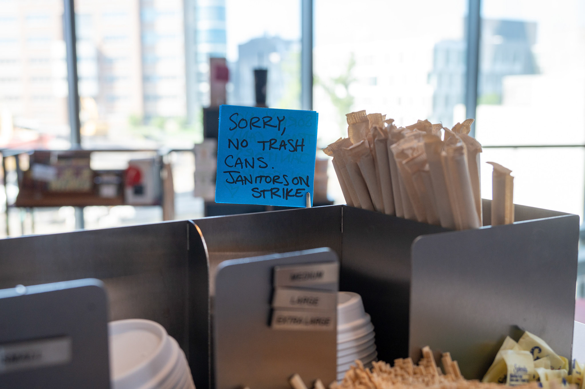 Gimme coffee has no trash cans due to the labor shortage on the  fifth day of the UAW 2300 Strike. August 23rd, 2024. (Ming DeMers/Sun Photography Editor)