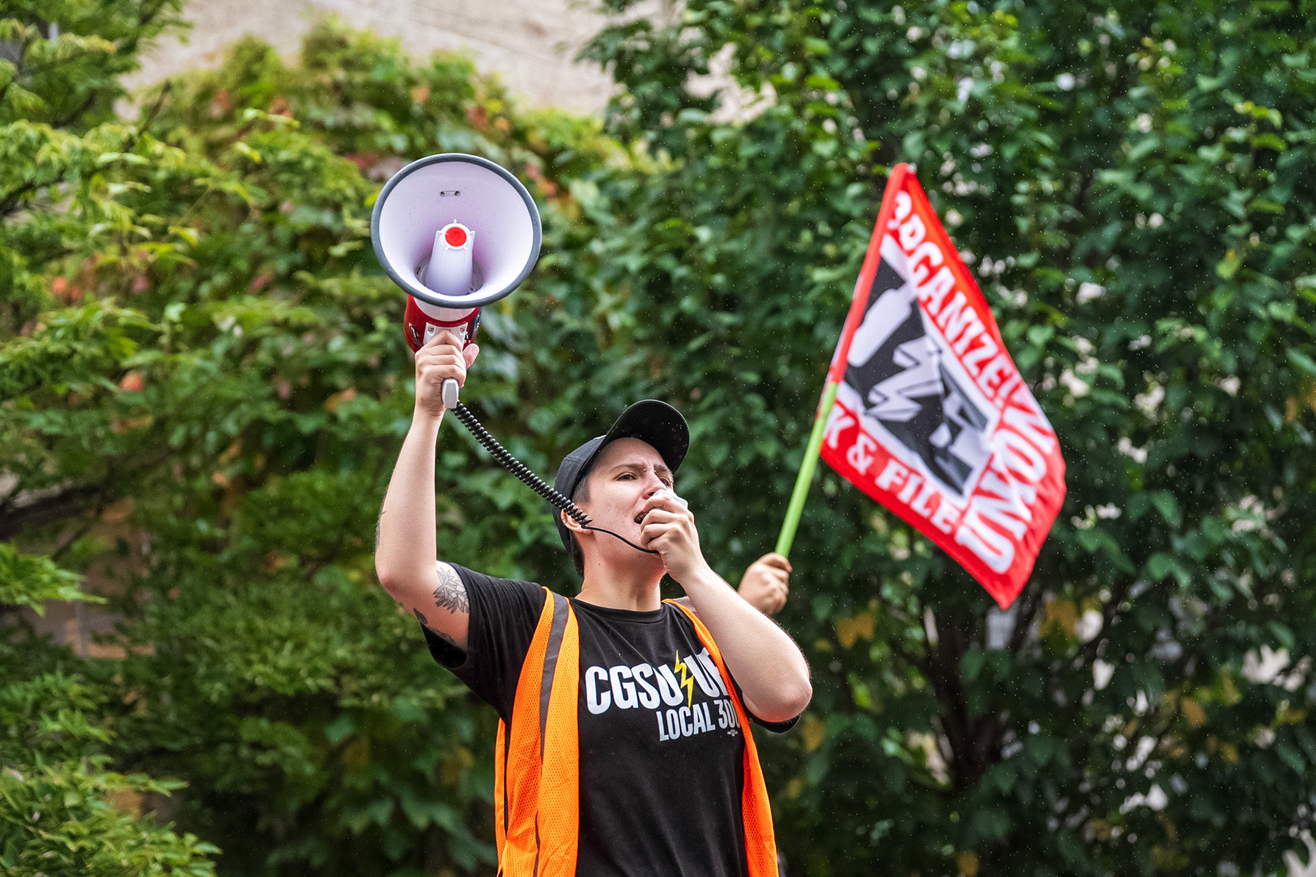 A speaker at the CGSU Just Cause rally, Bailey Hall, Oct 2, 2024. (Ming DeMers/Sun Photography Editor)