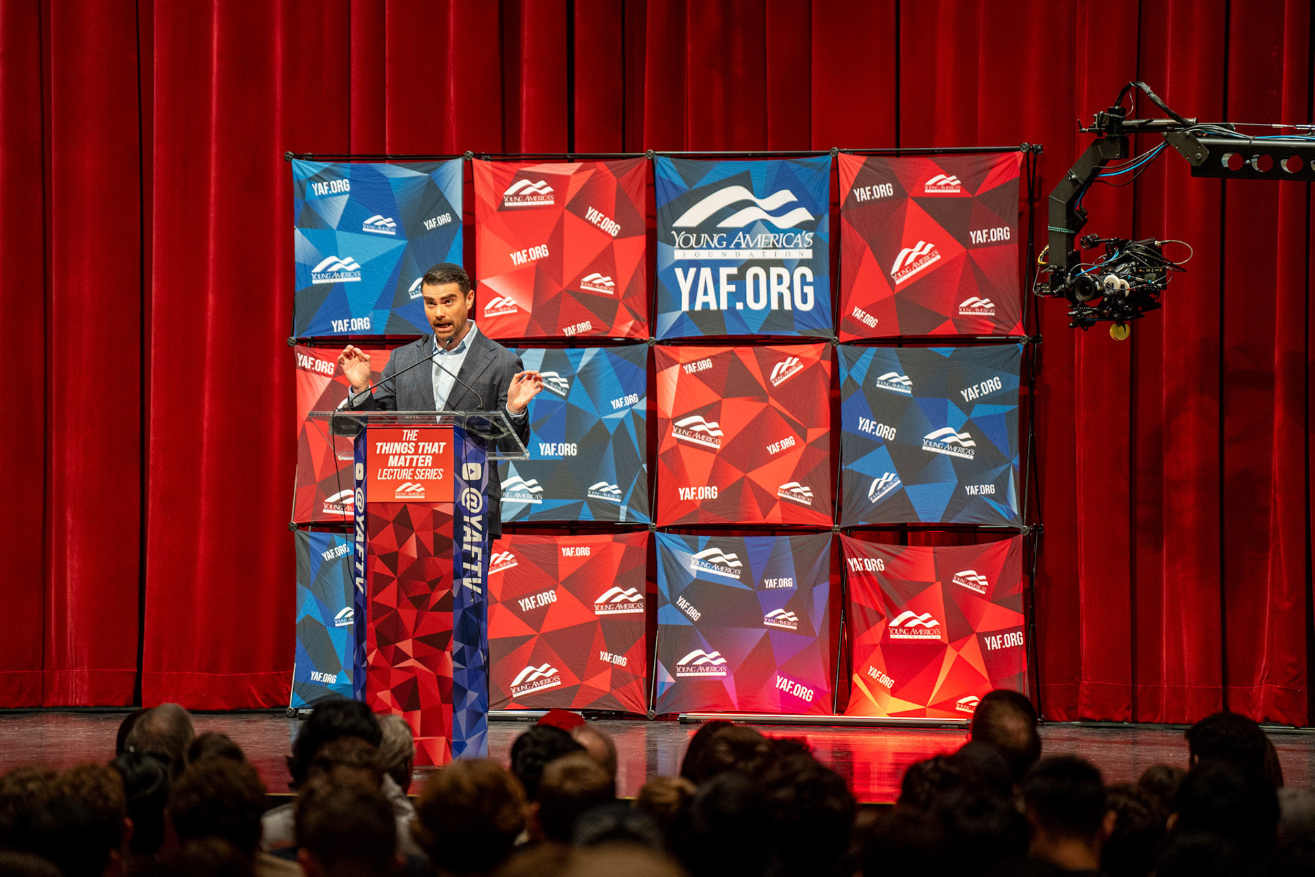 Ben Shapiro puts on a Trump accent act as a part of a joke. Ben Shapiro Talk, Bailey Hall, Oct 28, 2024. (Ming DeMers/Sun Photography Editor)