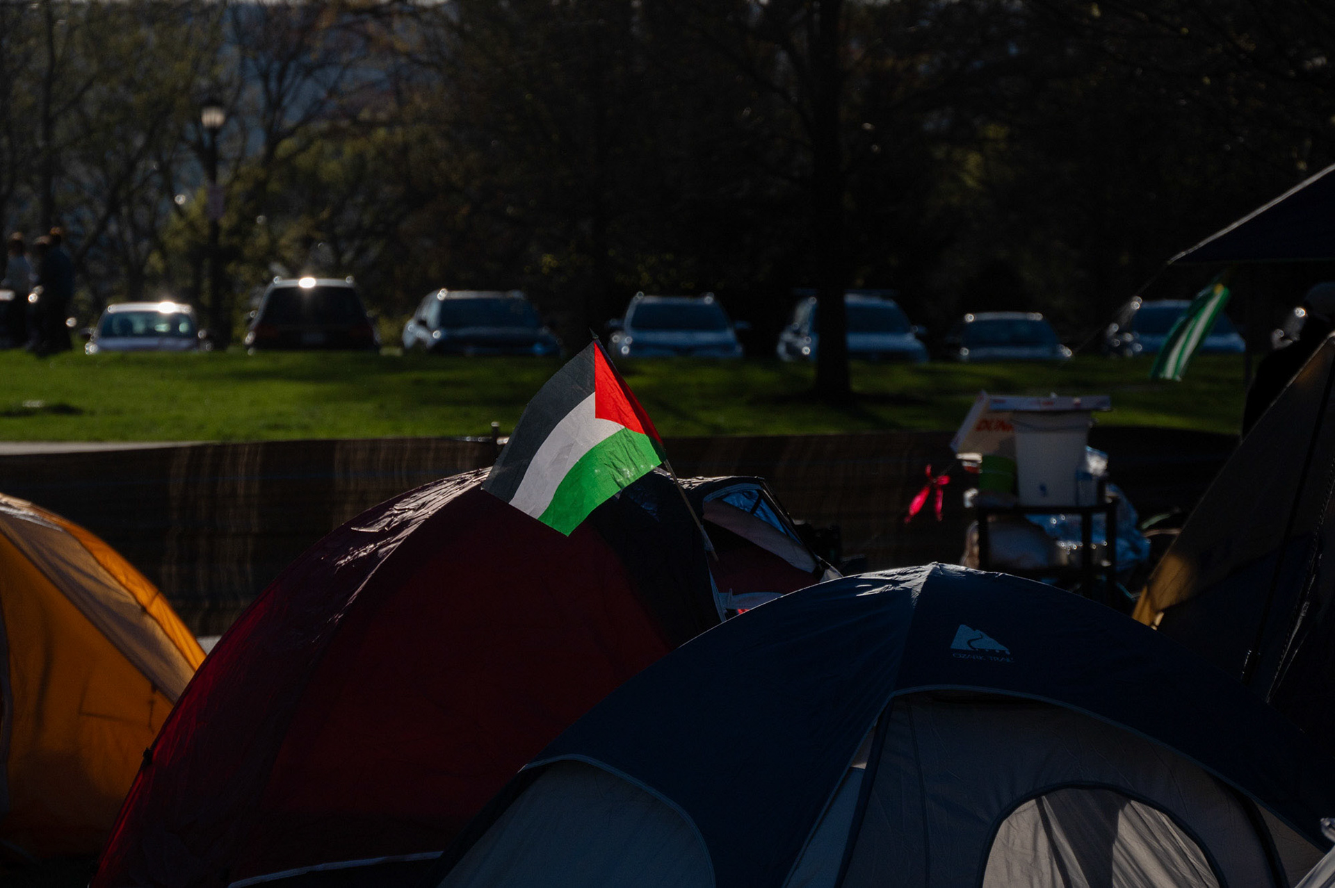 The Palestinian flag at the CML Encampment on the Arts Quad, April 25th, 2024. (Ming DeMers/Senior Photo)