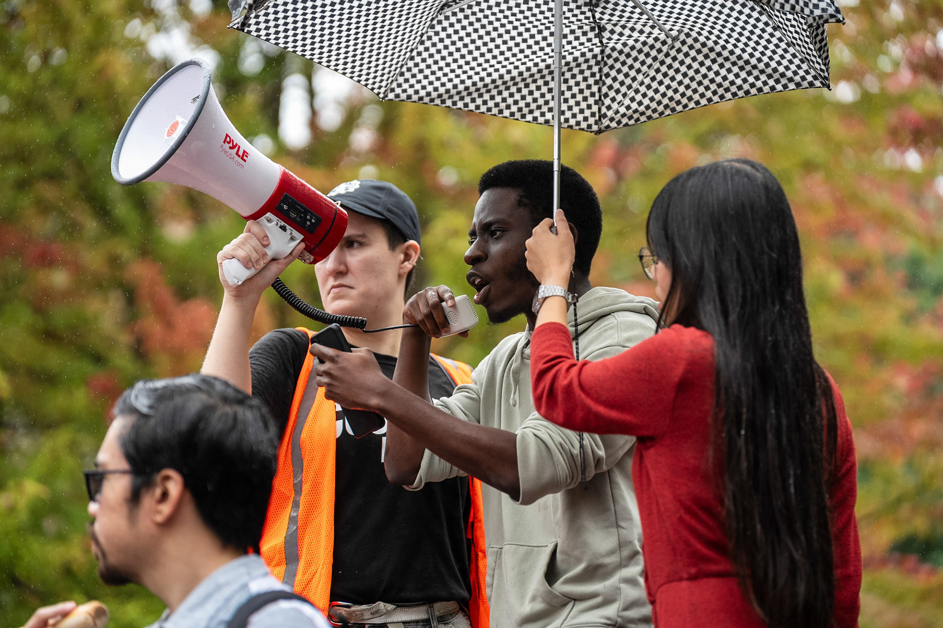 A speaker at the CGSU Just Cause rally, Bailey Hall, Oct 2, 2024. (Ming DeMers/Sun Photography Editor)