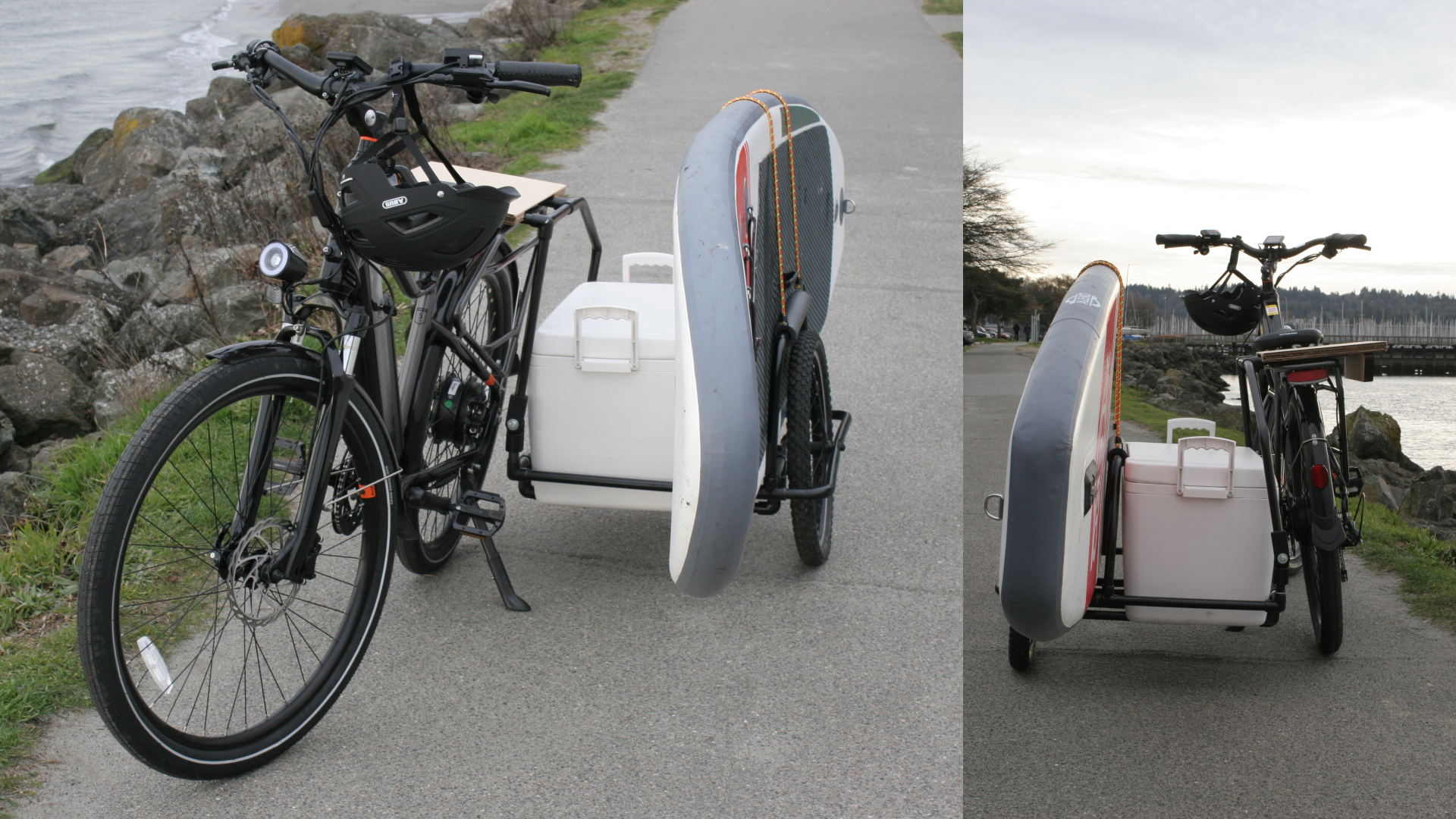 Trailer loaded with paddle board and cooler.