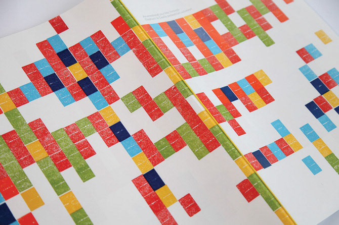Letterpress-printed cover of "Happenings", inspired by the bold, colourful tiles of Elephant and Castle’s underpasses. Popular as a poster among community members and design enthusiasts, including lecturers at LCC and the London Guerrilla Gardener.