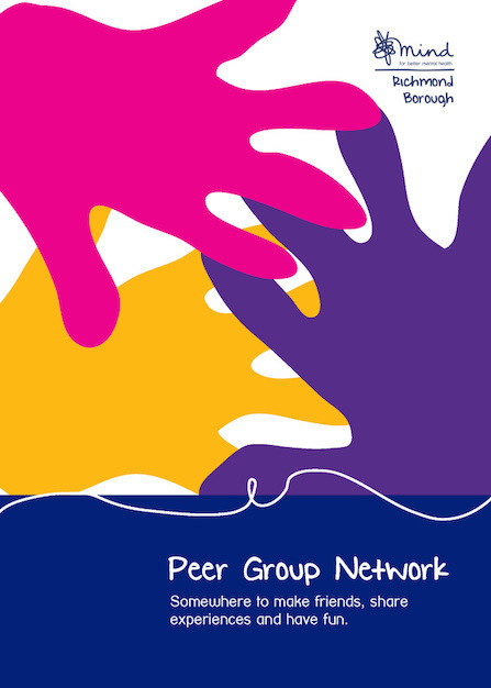 A poster for the Peer Group Network, featuring traced hand illustrations to represent connection and support. Created using Adobe Illustrator to align with MIND’s brand.