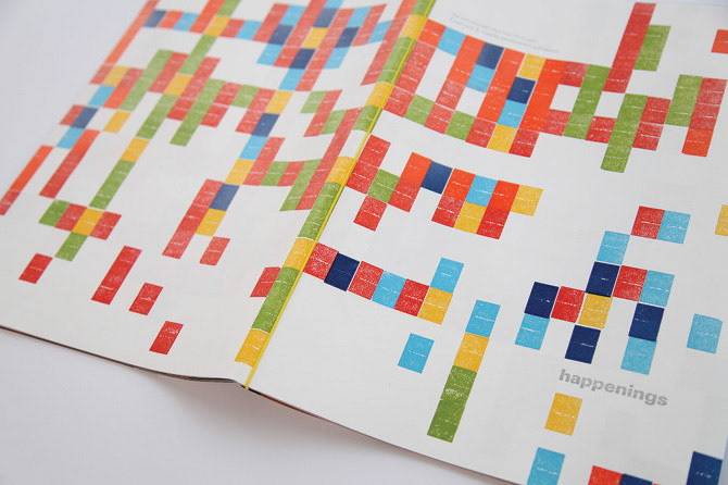 Letterpress-printed cover of "Happenings", inspired by the bold, colourful tiles of Elephant and Castle’s underpasses. Popular as a poster among community members and design enthusiasts, including lecturers at LCC and the London Guerrilla Gardener.