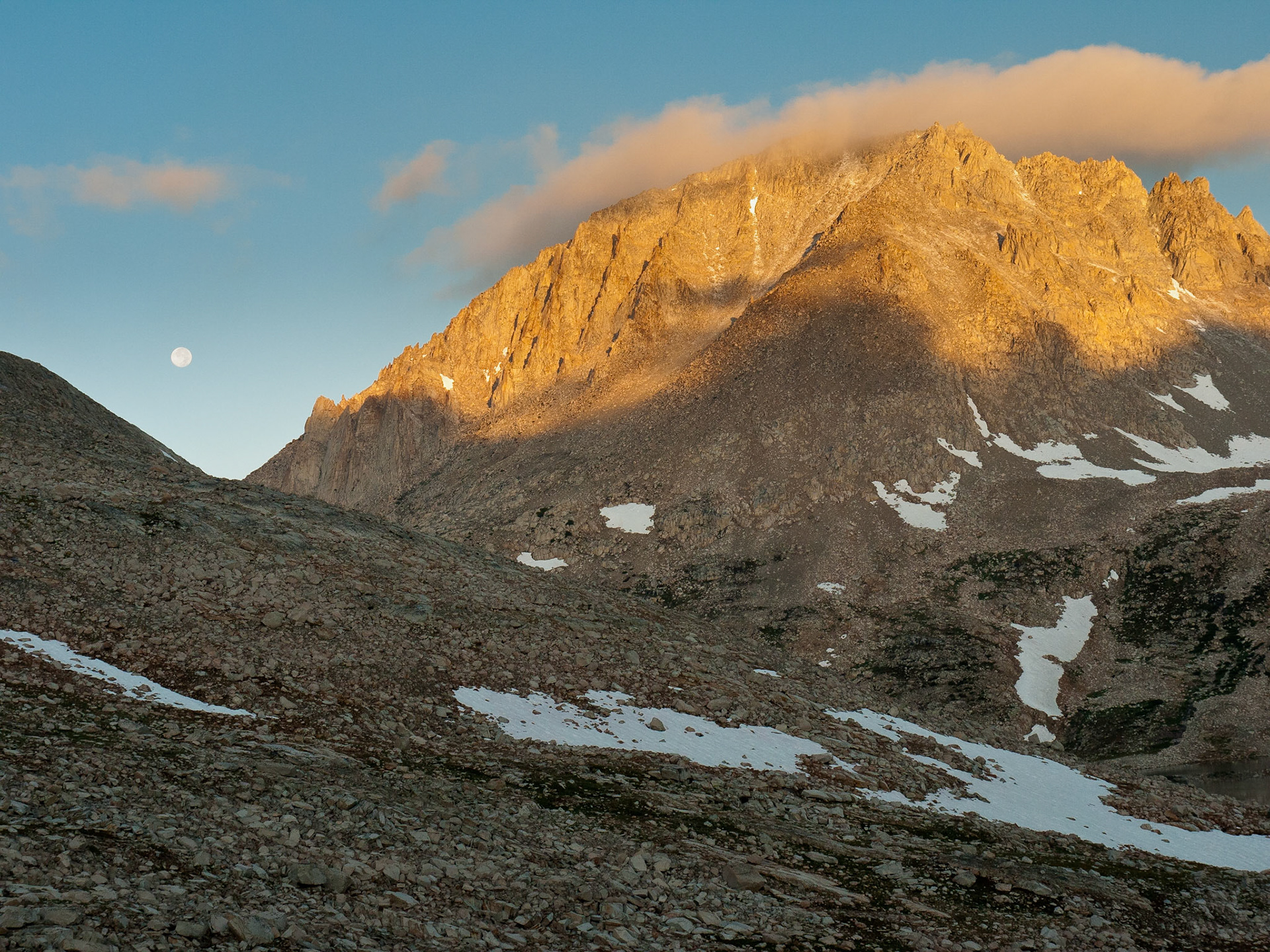 Sunrise, Moonset above Lake Italy