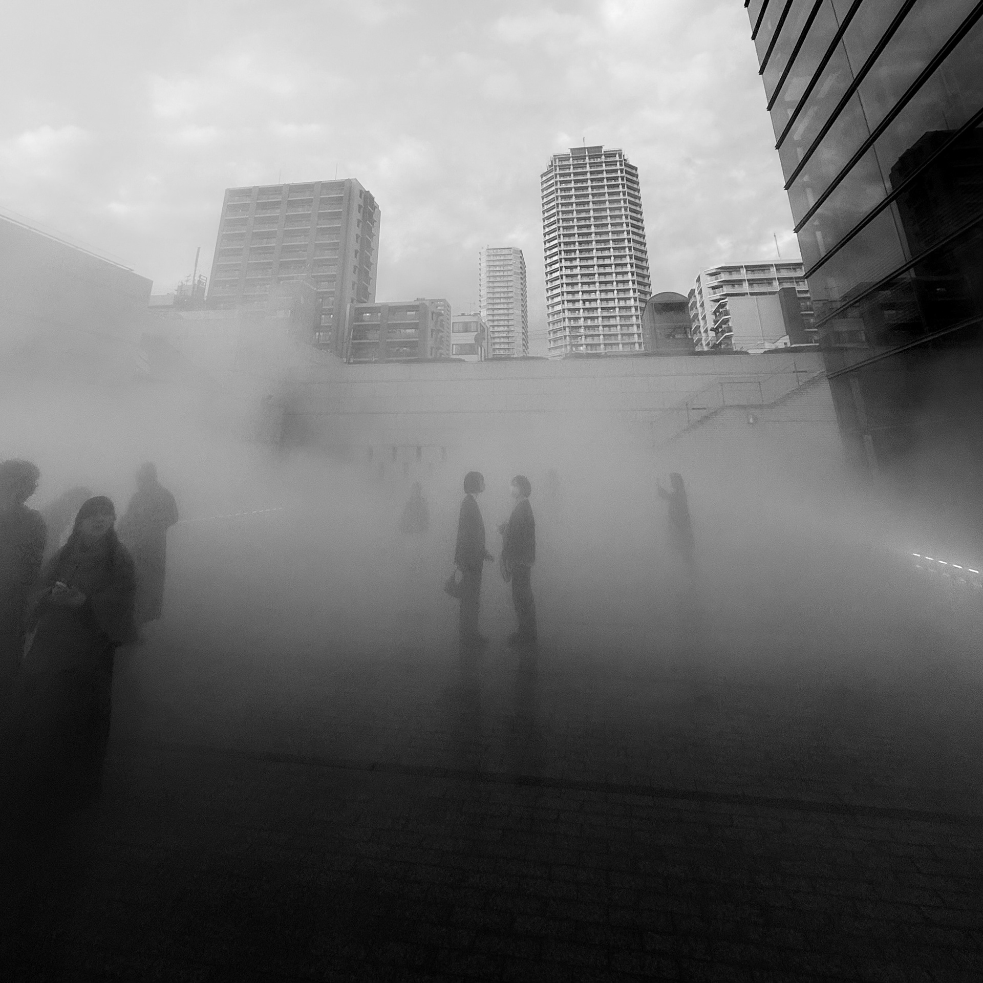 Hidden Dialogue 隐藏的对话 - Captured near sunset on 16 January 2025 at Tokyo’s Museum of Contemporary Art, during the Ryuichi Sakamoto exhibition, the mist began to fade. Just as I raised my camera, two figures stepped into the centre of the frame as one. They seemed to gaze at each other in silent dialogue, or simply share a quiet stillness in the fog. Around them, the crowd blurred into a poetic, transient flow. Like the mist, the moment was fleeting, yet looking back, it feels romantic and enduring.