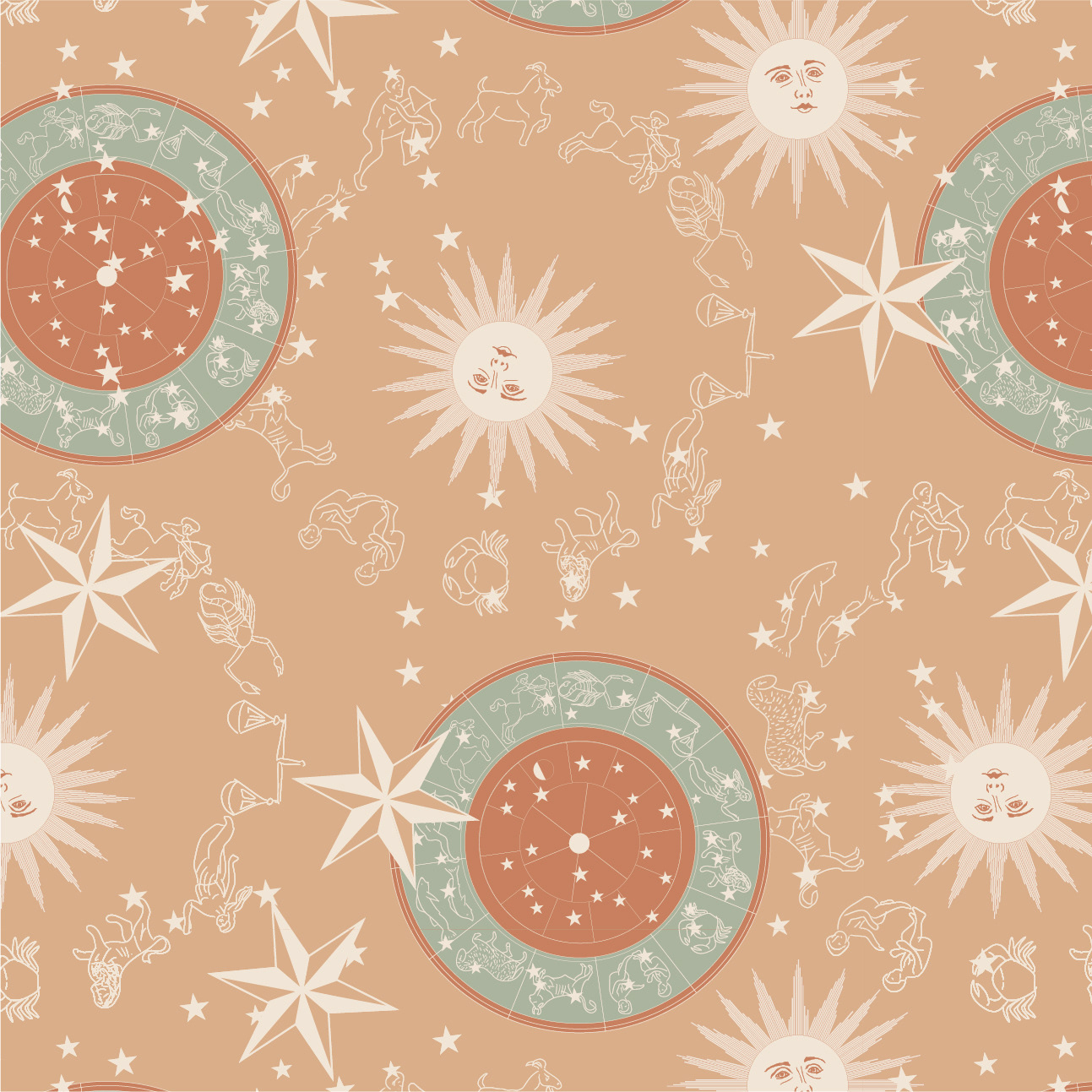 CLOCK TOWER uses elements from San Marco's ornate clock, such as zodiac symbols, the sun, moon and stars. While a clock face has necessary structure and order, I wanted to give a dreamier, more abstract feeling to this pattern. By scattering the motifs, you get a feeling of floating, while being able to see things both close-up and from a distance at once.