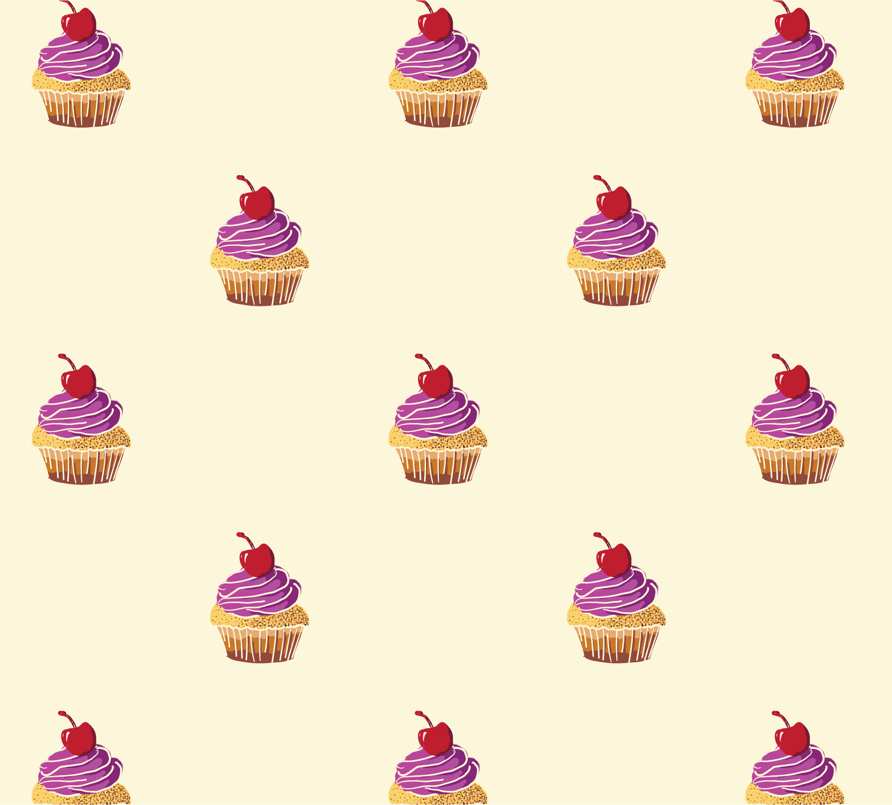 CUPCAKE HALF DROP lets the motif shine with a simple repeat and plenty of breathing space. This design would look great on stationery and gifting items.