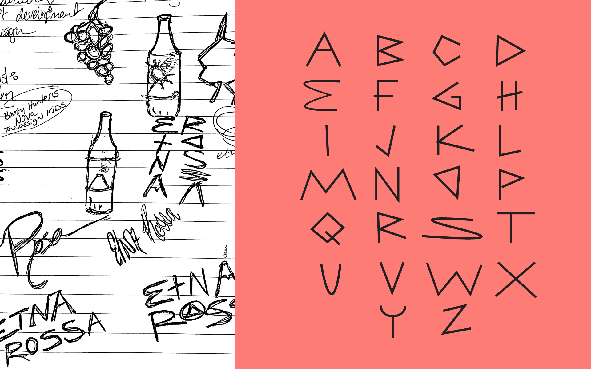 Original alphabet font for "Etna Rosso" and "Etna Bianca" rebrand.