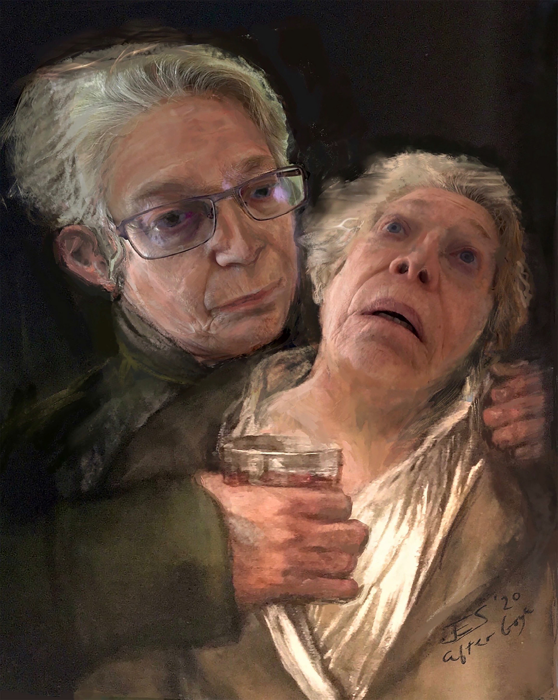 Caring in a Time of Plague (double self-portrait, after Goya)