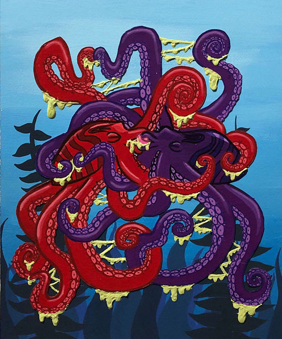 Octopuses in Love - Acrylic Gouache, Paper Cutout & Modelling Paste