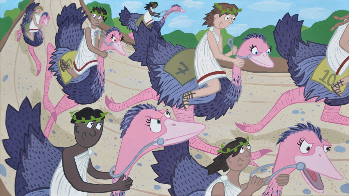 Ostriches - The Ancient Greeks kept ostriches as pets, and it is thought that jockeys raced them. 9x16 in, Acrylic Gouache