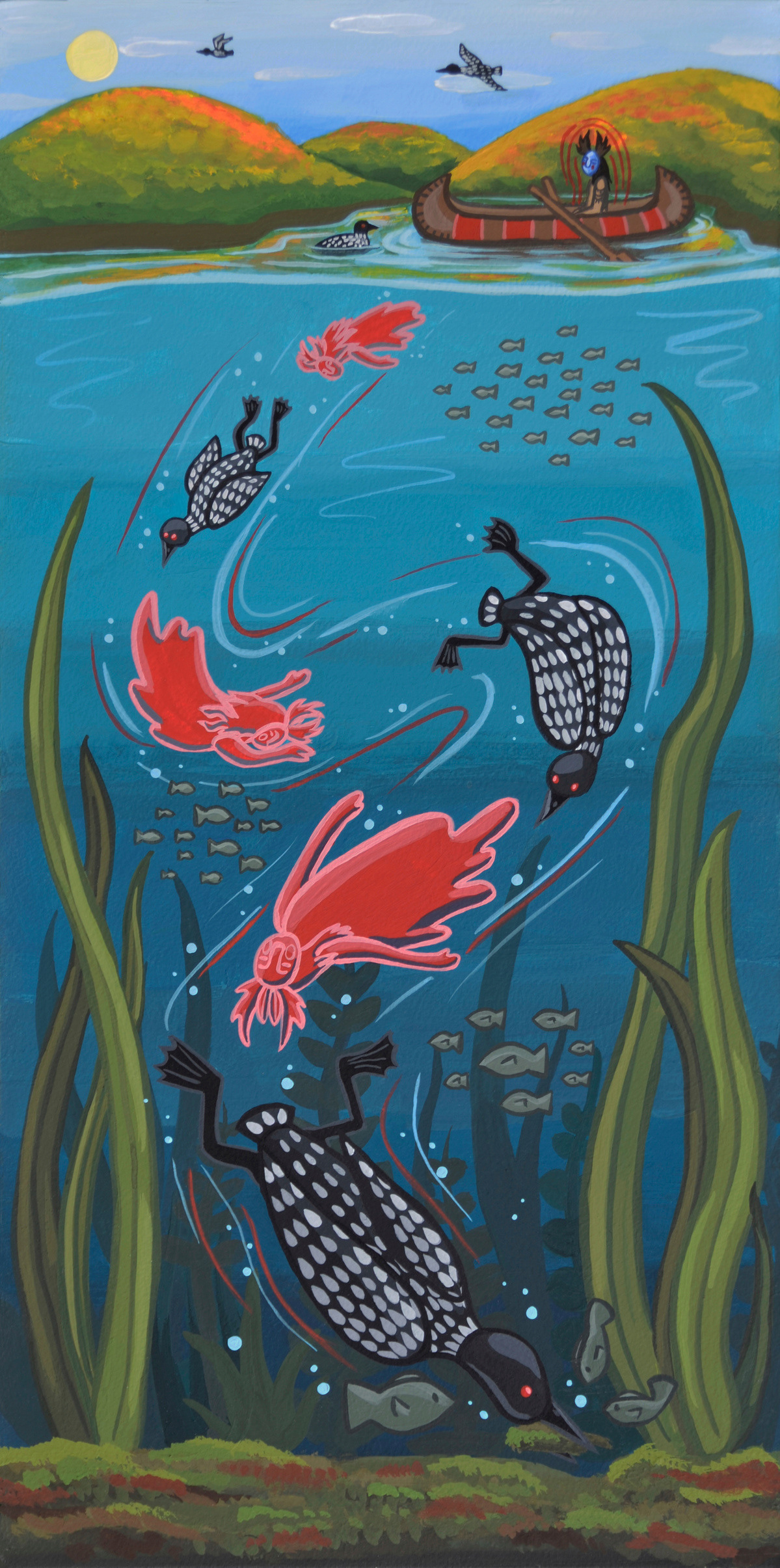 Loons - In many Canadian Indigenous communities, the loon is valued for helping shamans connect with the spirit world. - 8x16in, Acrylic Gouache
