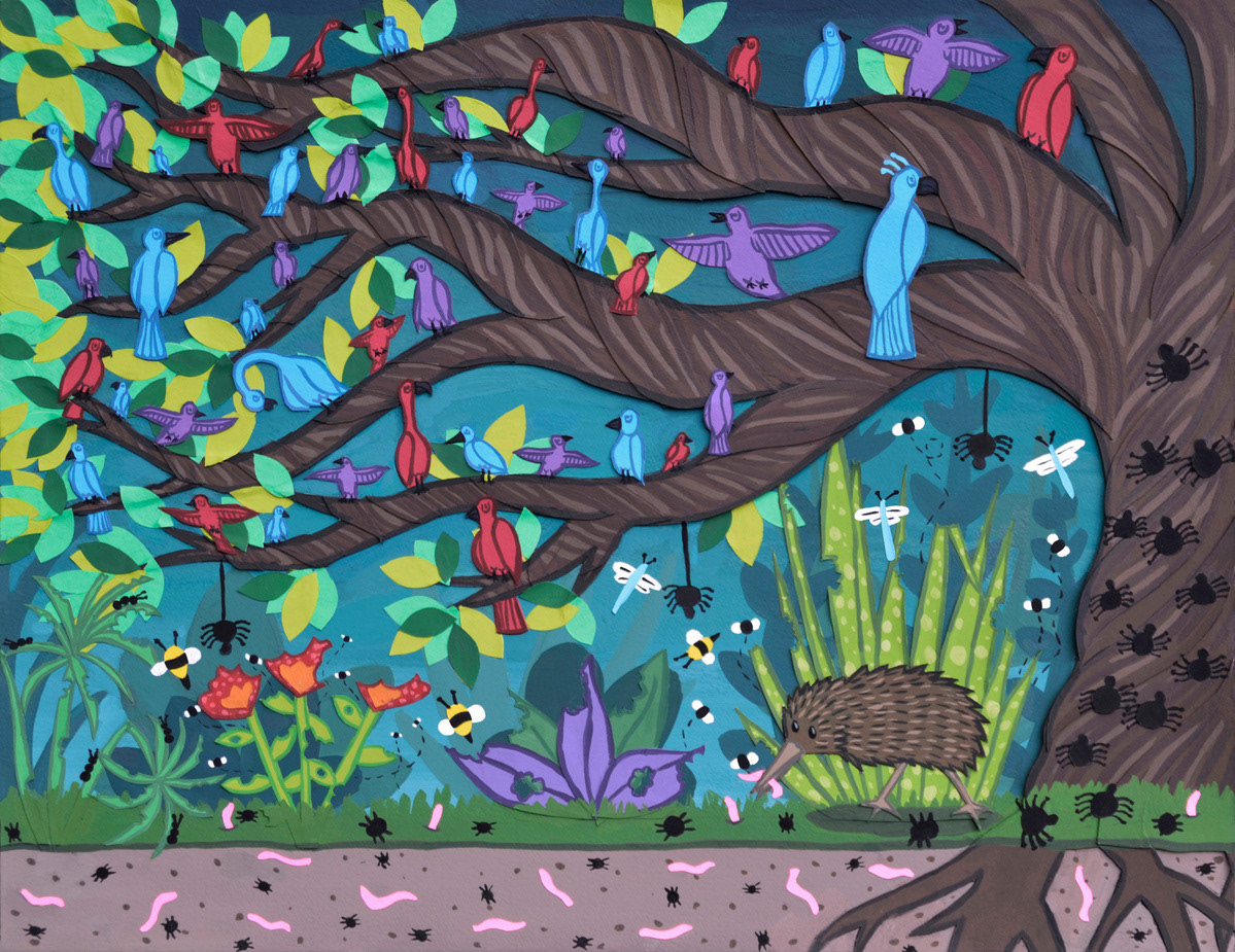 Kiwis - According to Māori legend, the kiwi was the only bird who agreed to live on the forest floor to eat the insects and save us from them. - 11x14 in, Acrylic Gouache and Paper Cut