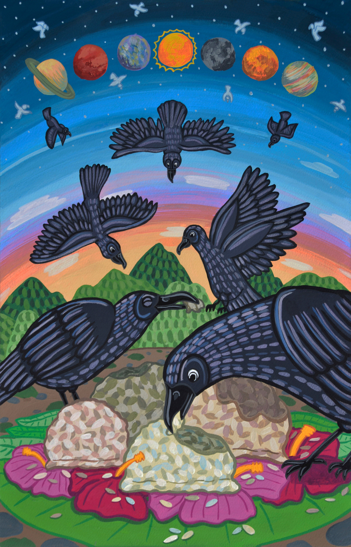 Crows - For Indian Hindus, crows represent the souls of deceased family members and friends. Every year on the anniversary of a loved one's death, the family will put out rice balls on banana leaves for the crows. If the crows come and eat the rice, it means that the loved ones have found peace in the afterlife. - 10x15.5 in, Acrylic Gouache