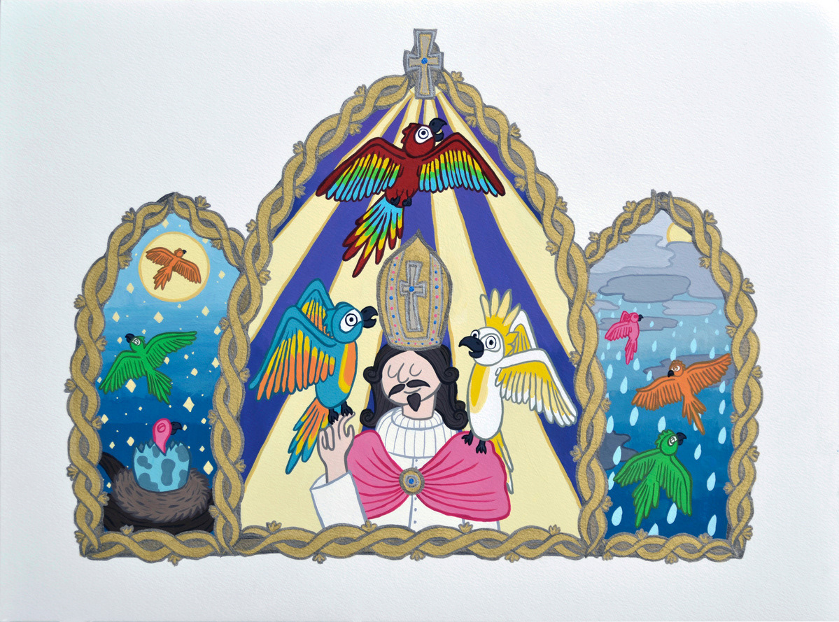 Parrots - Medieval Catholics saw parrots as pure and representatives of the Holy Family, and thus were valued pets for Popes. - 12x16 in, Acrylic Gouache