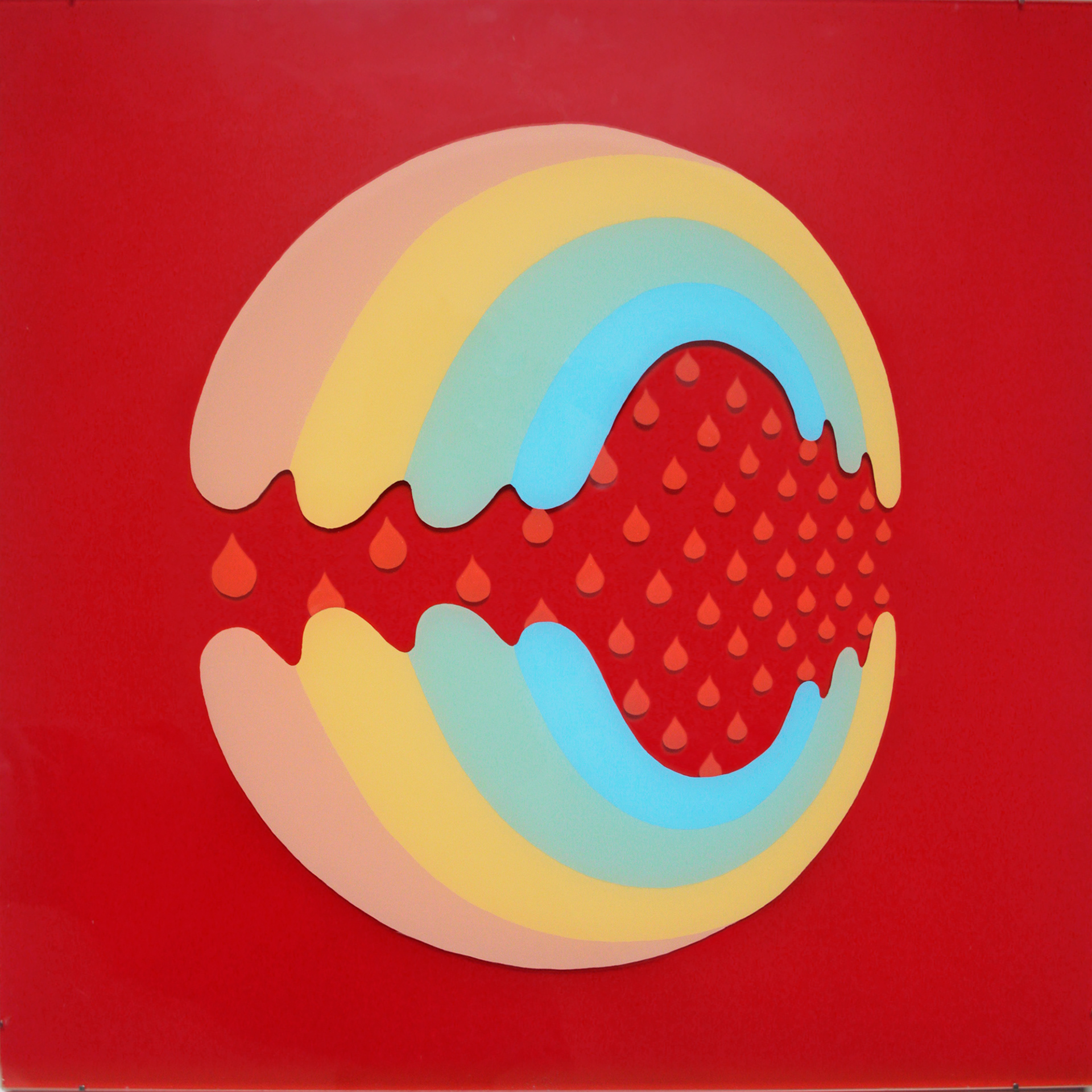 Painted rainbow sphere with droplets over red background