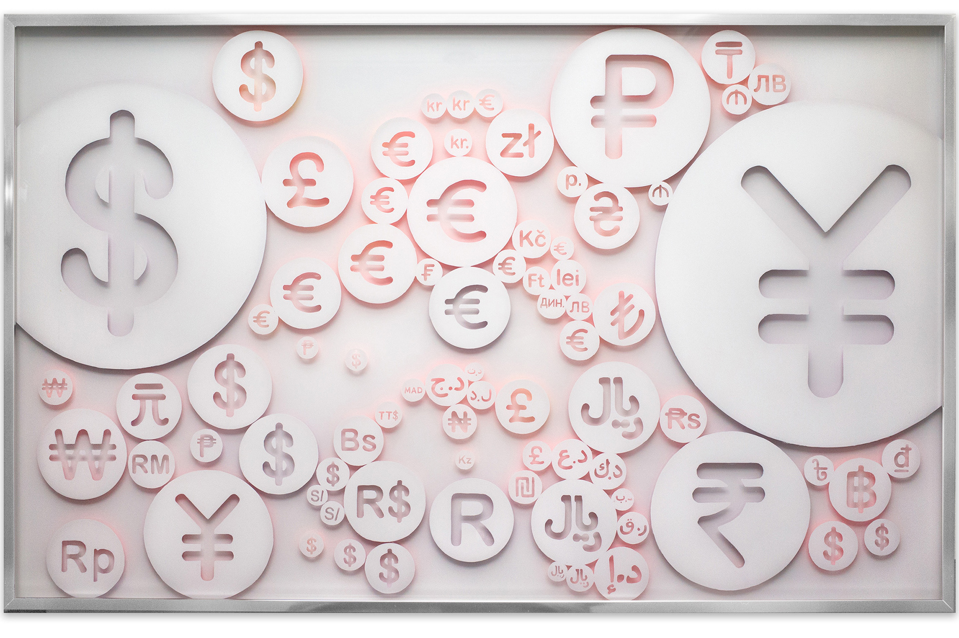 Painted white circles with currency symbols and an orange glow