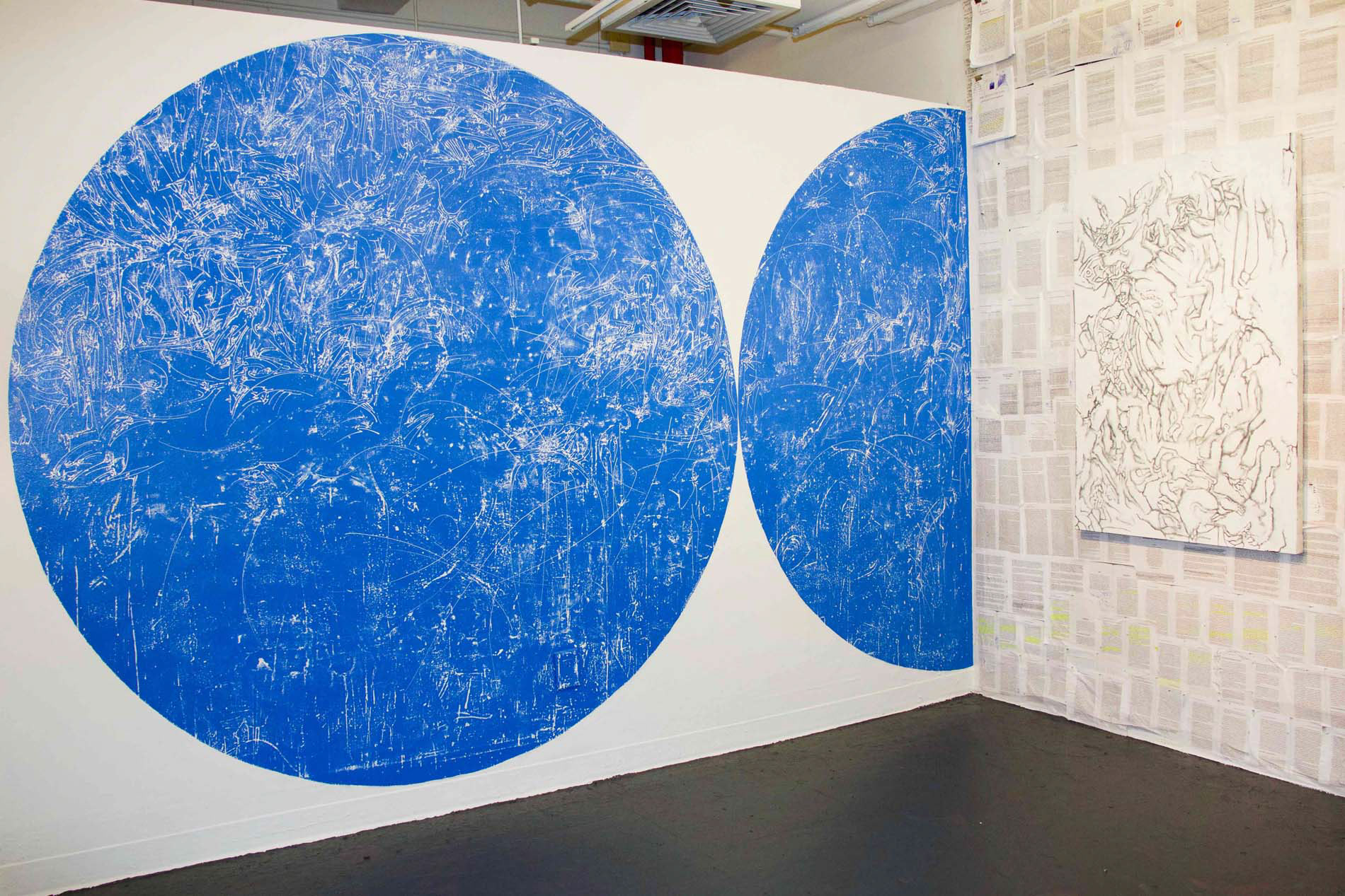 Skynet. 2020. Mural. Latex, relief sanding, and white-out pen on drywall.  9' x 11.2’