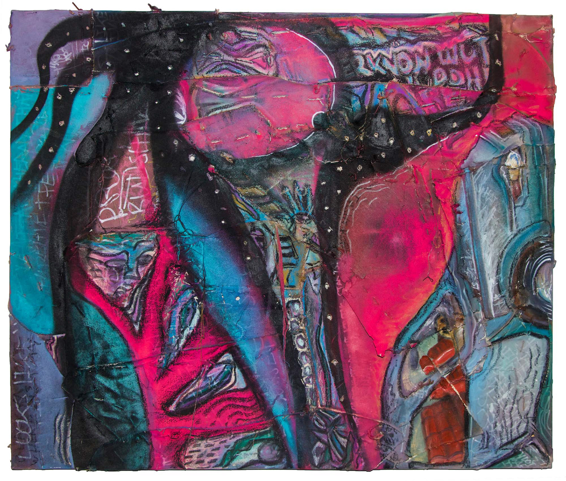 Say Something Nobody Understands and They'll Do Anything You Want. 2018. Mixed media, found objects, and lights on canvas. 31” x 38” x 1.5”