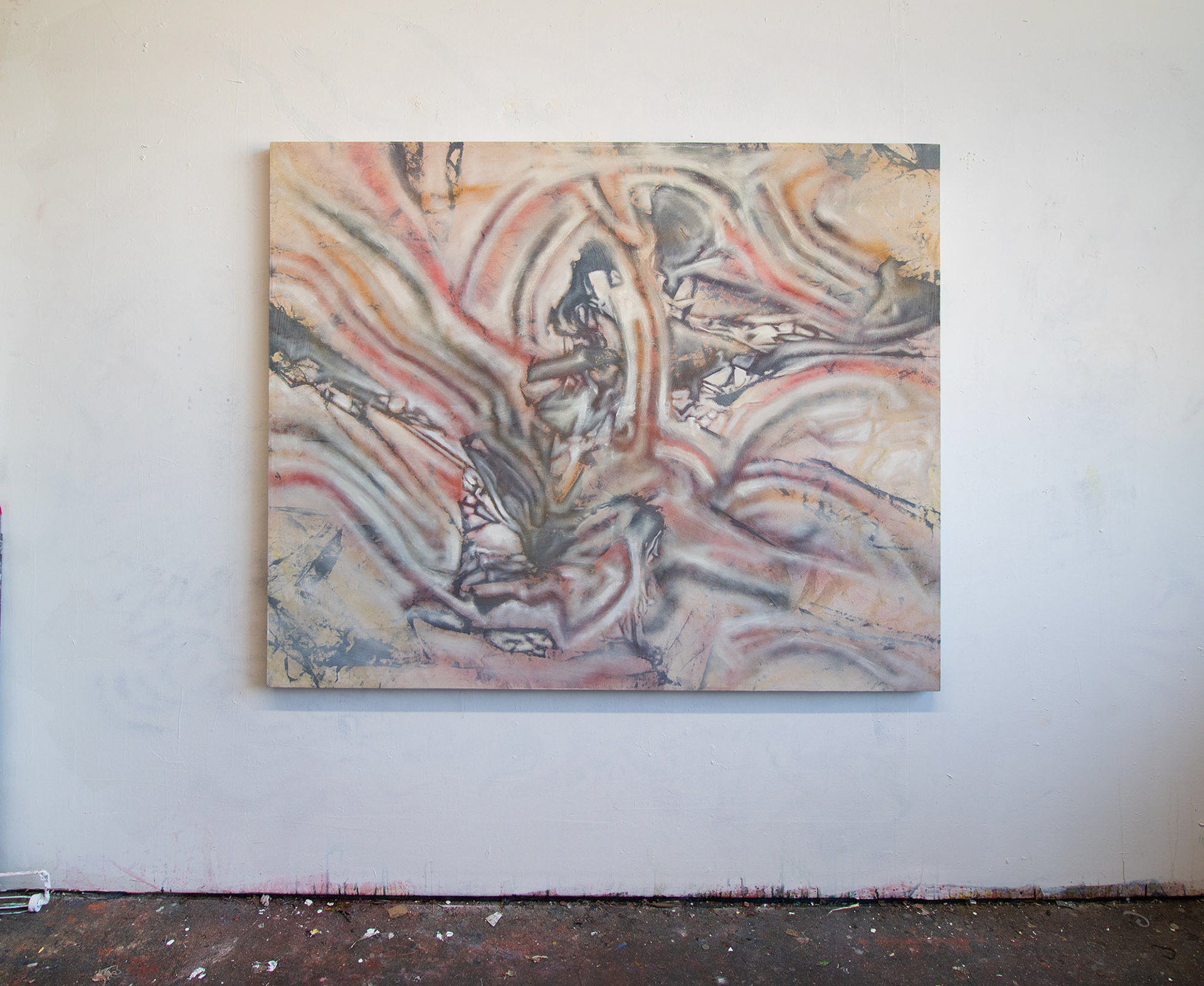 Polarizer. 2024. Acrylic, spray-paint, oil on canvas. 54” x 66”
