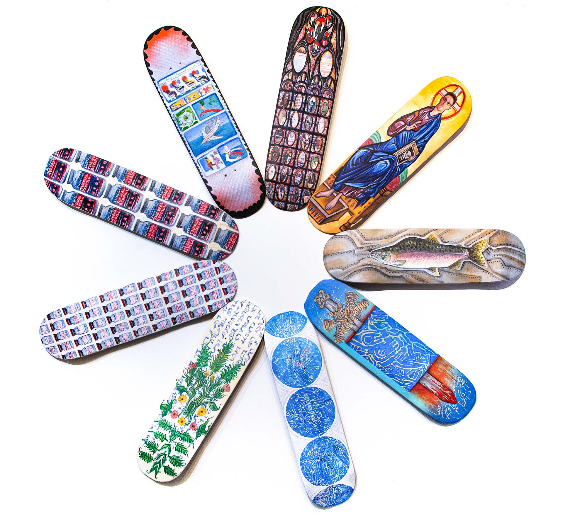 Wheel of Fortune. 2021. Oil and collage on (9) 32" x 8.5" wooden skateboard decks. 6' x 6'