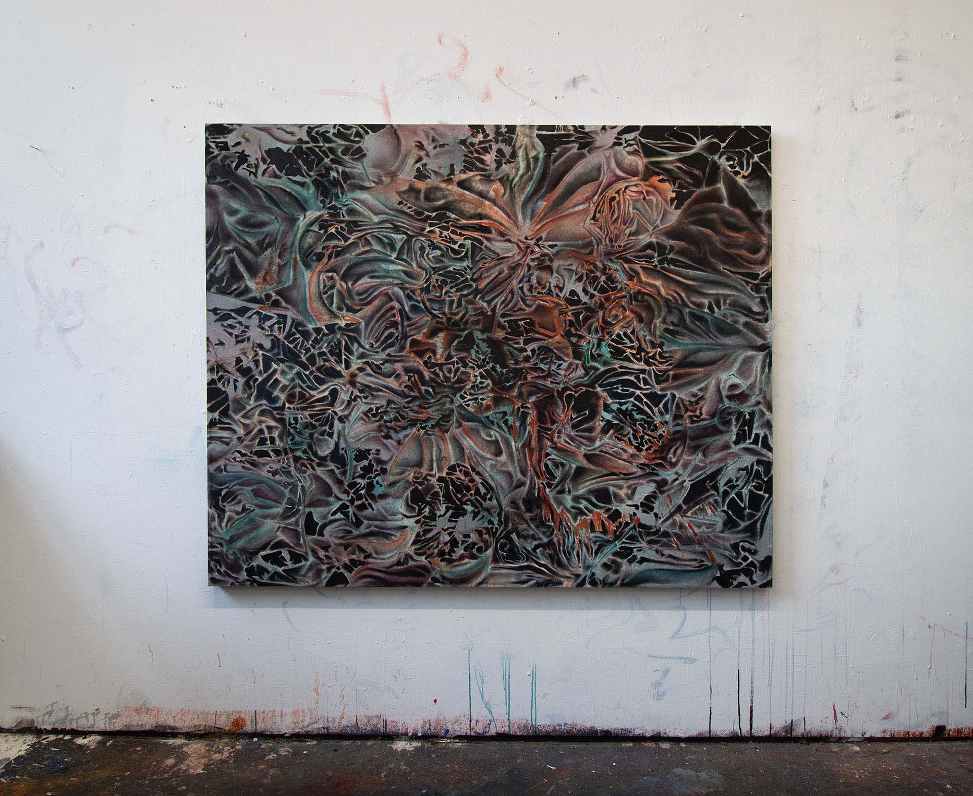 Laniakea. 2024. Acrylic, spray-paint, oil on canvas. 54” x 66”