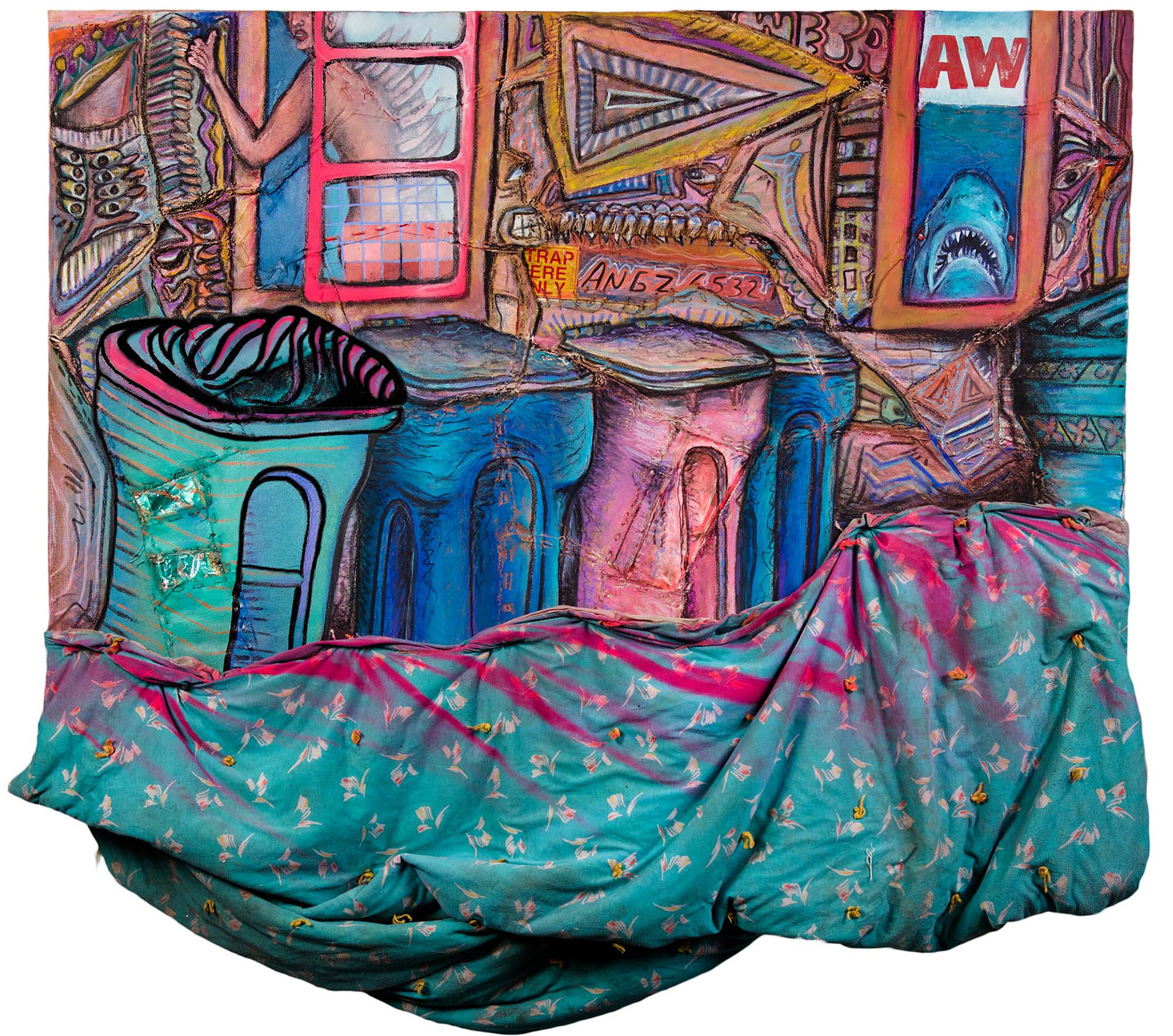 I Don't Even Know What I Was Running for—I Guess I Just Felt Like It. 2018. Mixed media and found objects on canvas. 63” x 56” x 2.4”