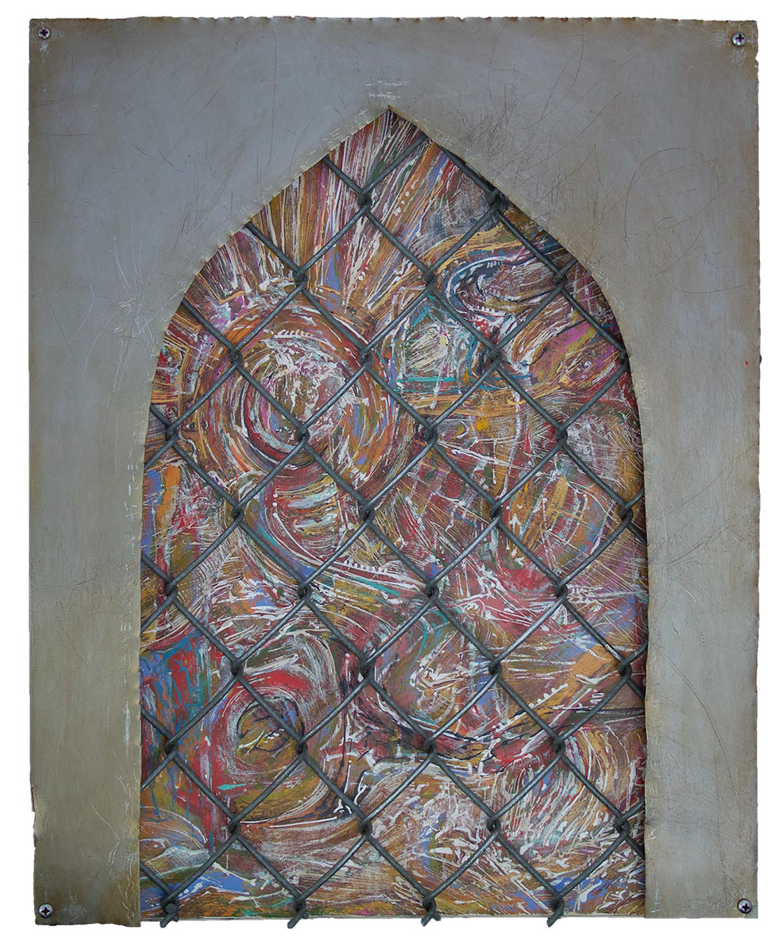 Polymerization. 2020. Acrylic and found objects on wood. 14” x 14”