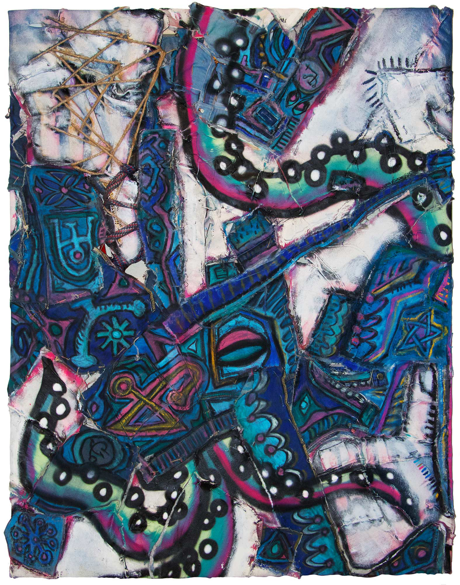 Blue Magic, 2018. Pastel, latex, acrylic, spray-paint on found objects, 52” x 44”