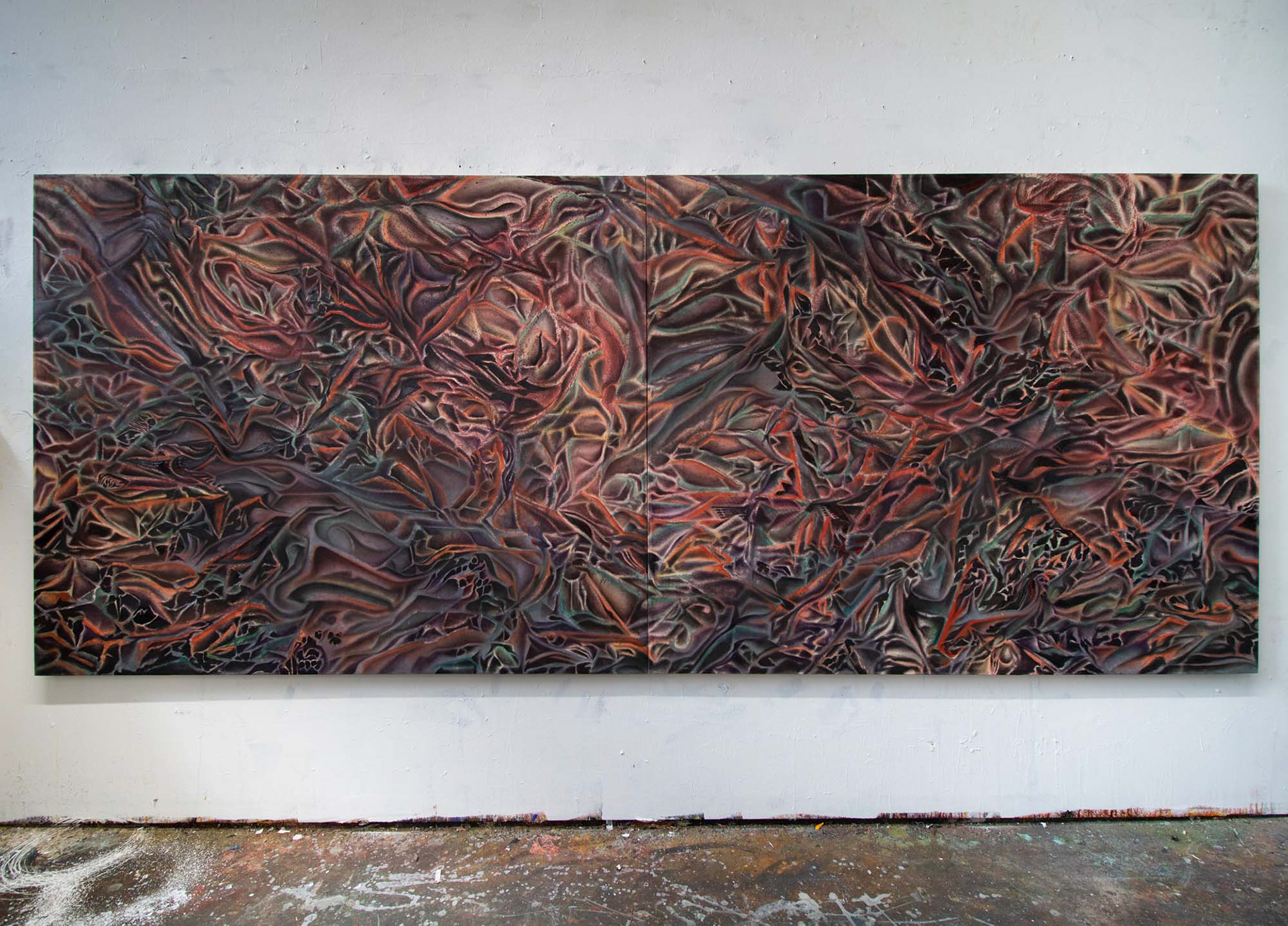 Terminal. 2024. Oil, acrylic, spray-paint on canvas. Diptyk, 56” x 132”