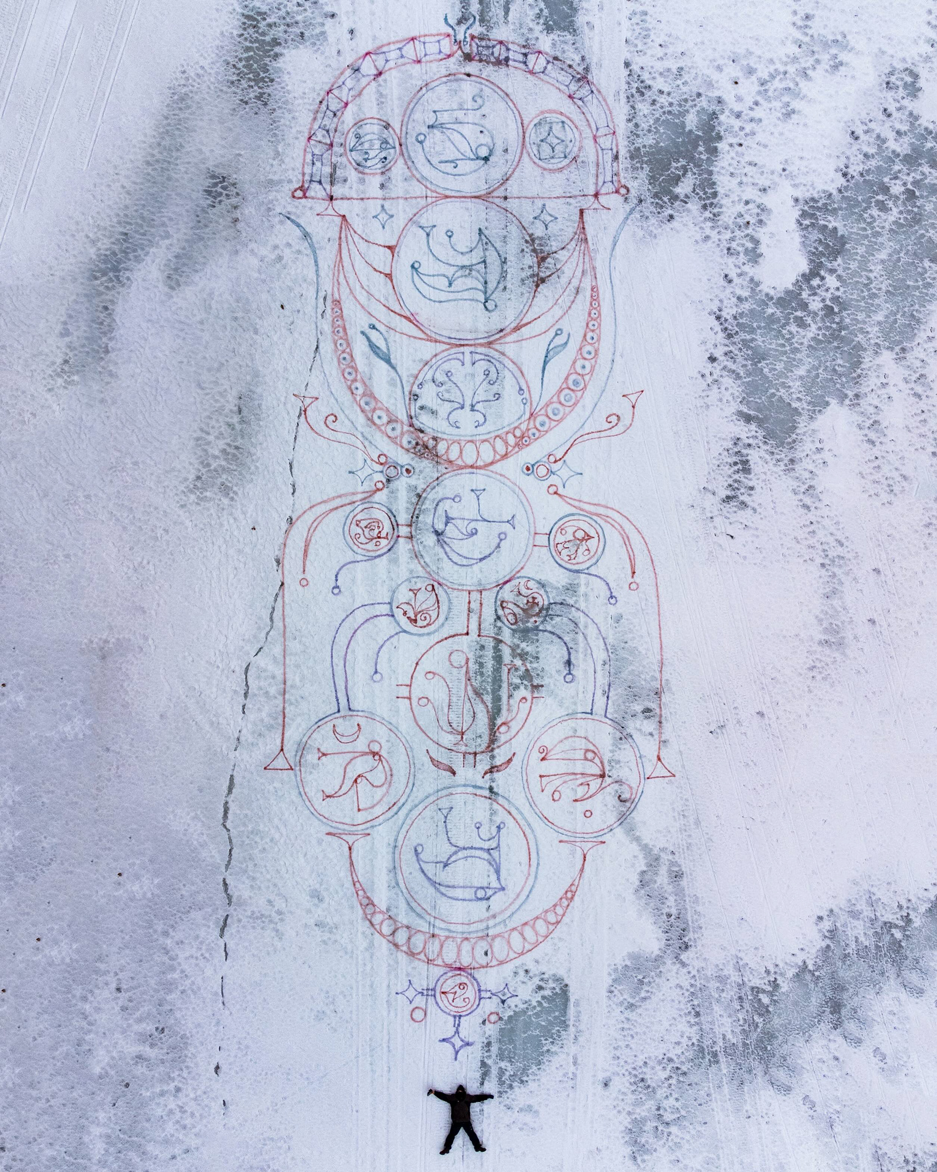 Snow Angels. 2026. Natural dyes on snow. 77’ x 33’
