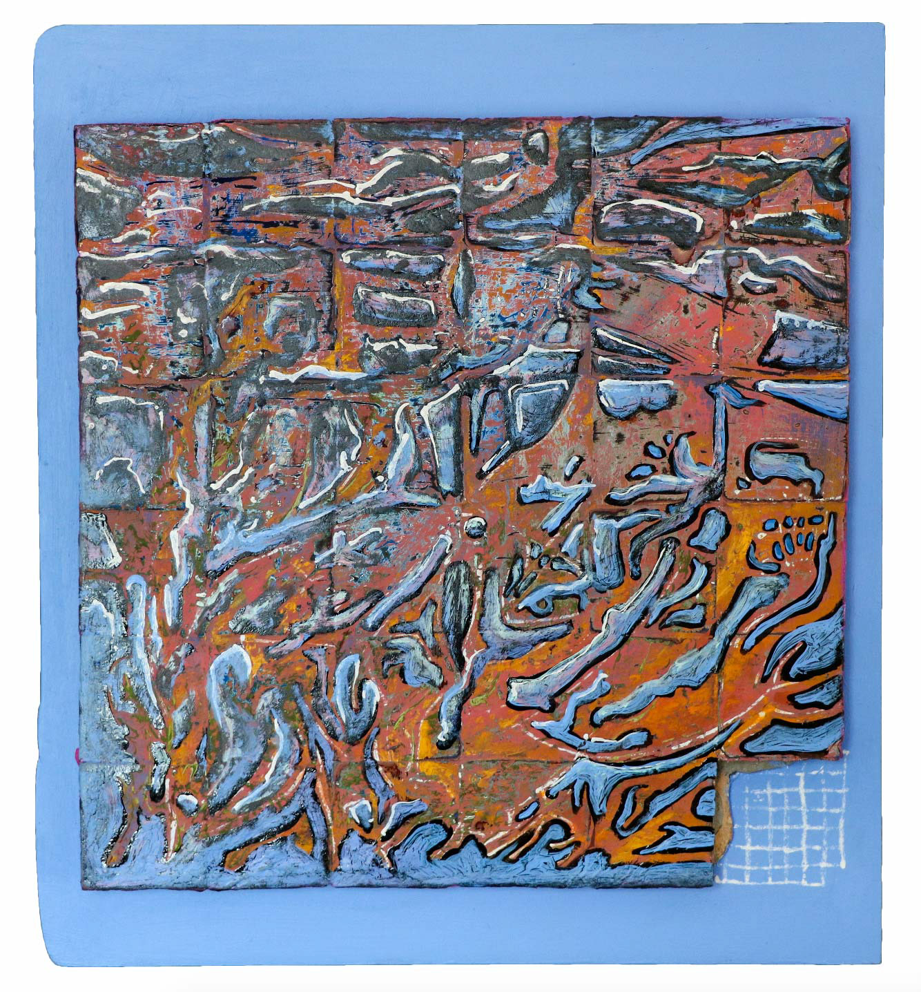 Polymerization. 2020. Acrylic and found objects on wood. 14” x 14”