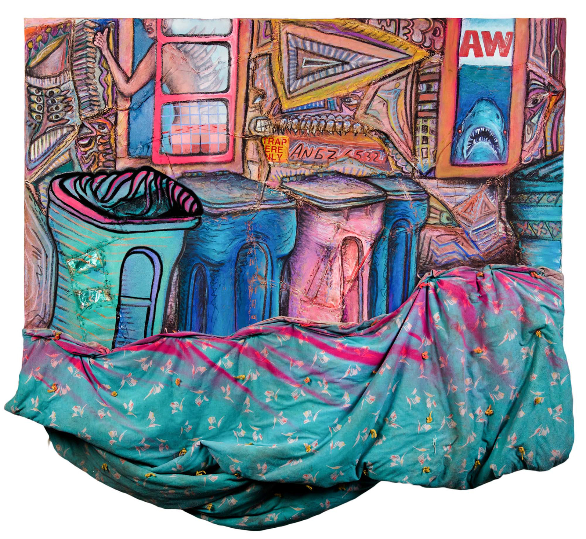 Don't Even Know What I Was Running for— Guess I Just Felt Like It. 2018. Mixed media and found objects on canvas. 63” x 56” x 2.4”