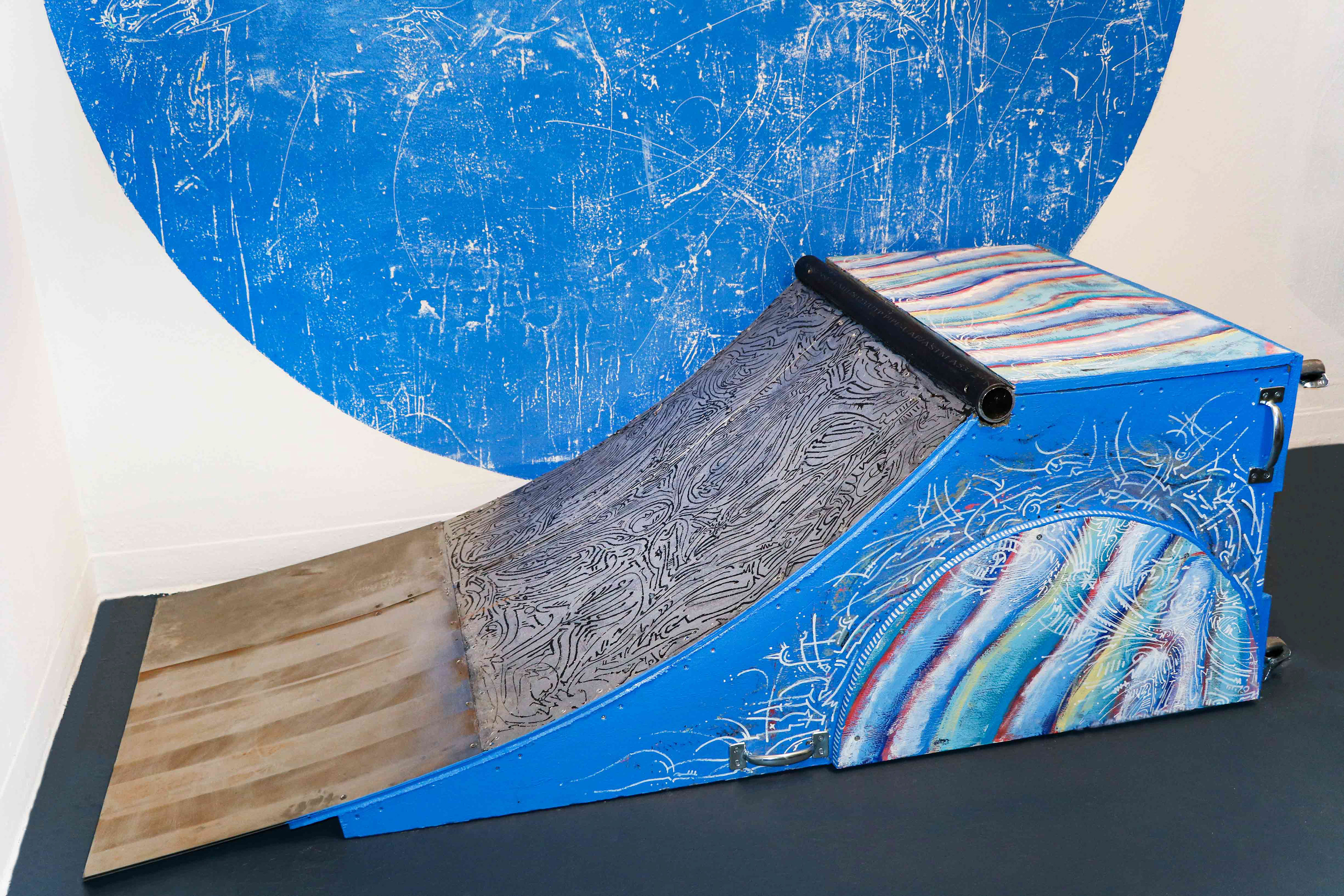 Astral Projector. 2021. 2' x 3' 6'4" wood, steel pipe, sheet metal, liquid rubber, brass handles, wheels