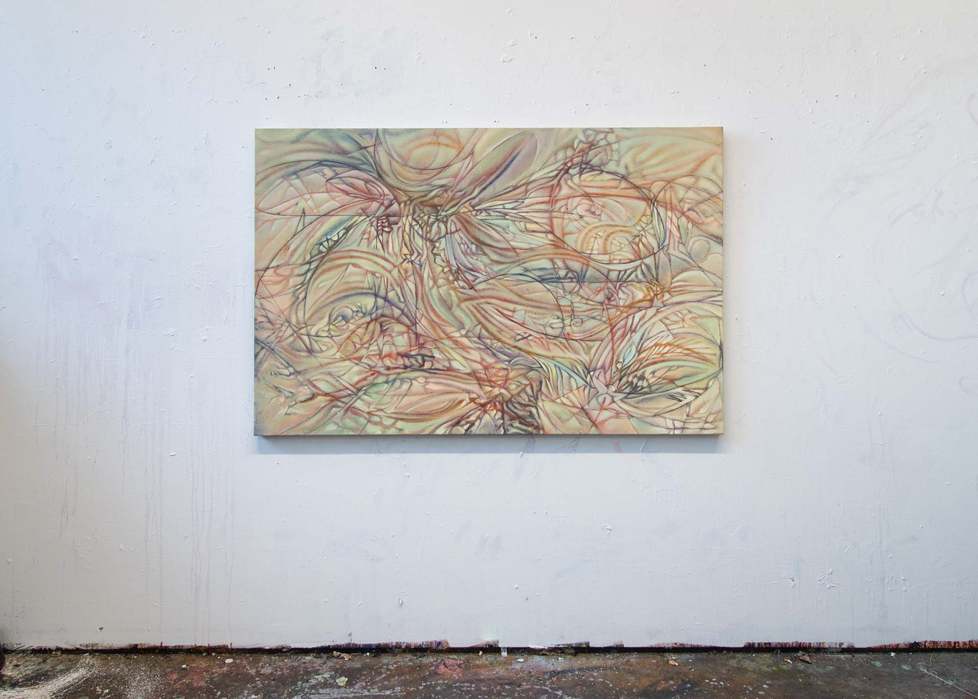 Finally Full. 2024. Oil, acrylic, spray-paint on canvas. 38” x 58”