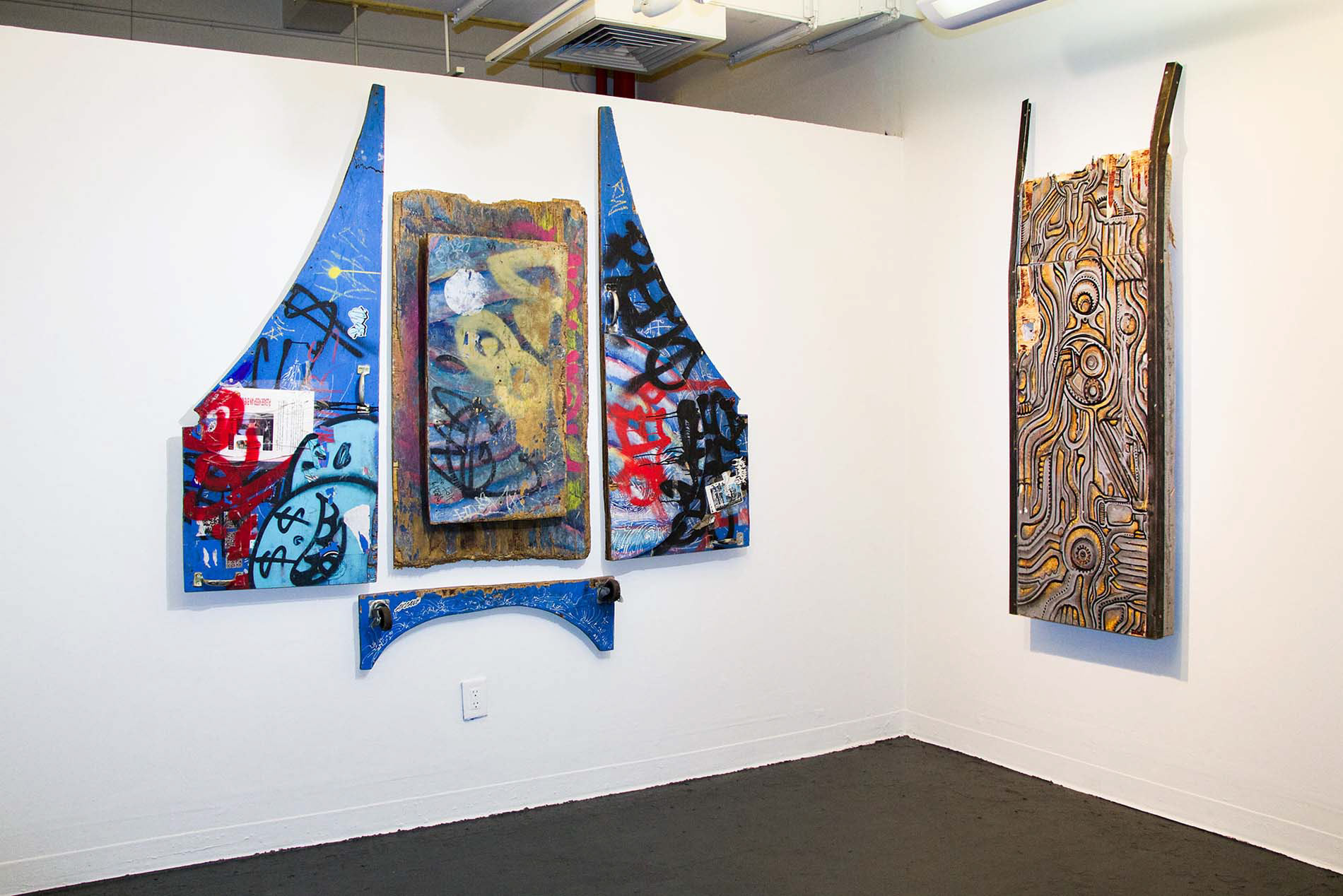 Astral Projector. 2021. Wood, steel, hardware. 48" x 64" & Monolith. 2021. Wood and steel. 72" x 24" x 6”