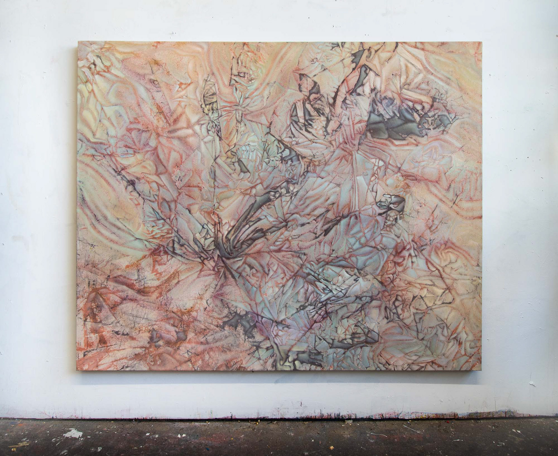 Diagenesis. 2024. Oil, acrylic, spray-paint on canvas. 70” x 86”
