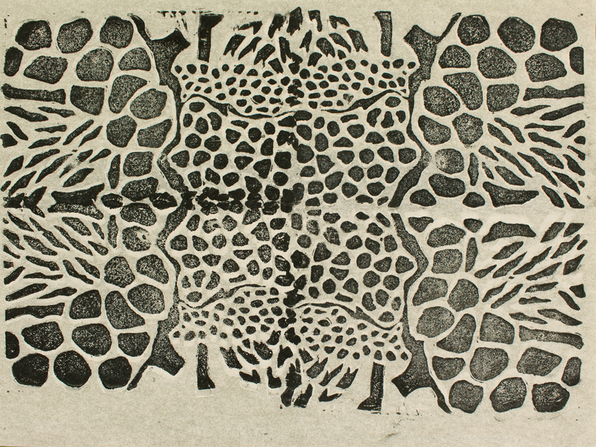 4 Mater Cells 1 B, 2019, Binary Codes series, block print on paper, 9" x 12".